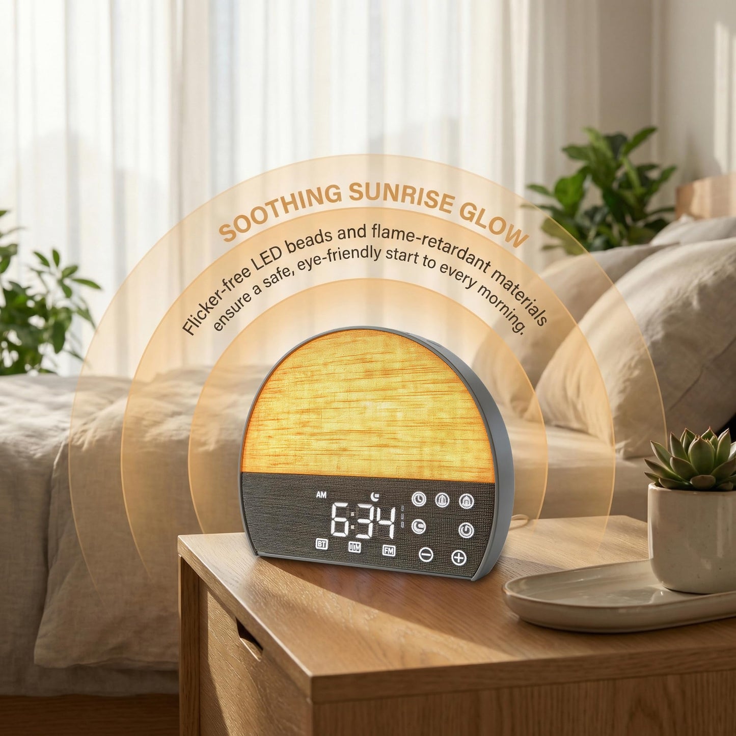 PAWPAWSEN Sunrise Alarm Clock with Bluetooth Speaker & FM Radio - Dual Wake Up Light, 30 Soothing Sounds, Sunset Sleep Aid, Minimalist Aesthetic for Heavy Sleepers, Kids & Bedroom Decor