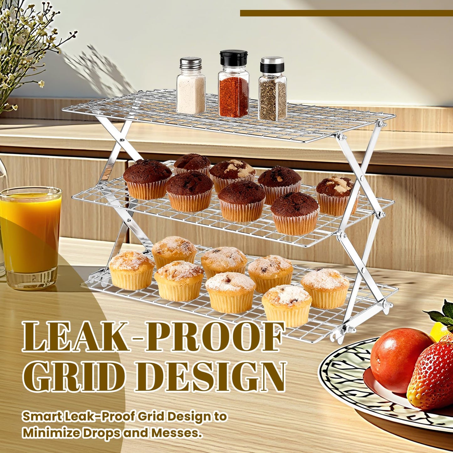 BEWOS 3-Tier Collapsible Cooling Rack - Adjustable Stainless Steel Baking Rack with X-Shaped Design and Leak-Proof Mesh Surface, Mirror Polished & Dishwasher Safe Cooling Rack