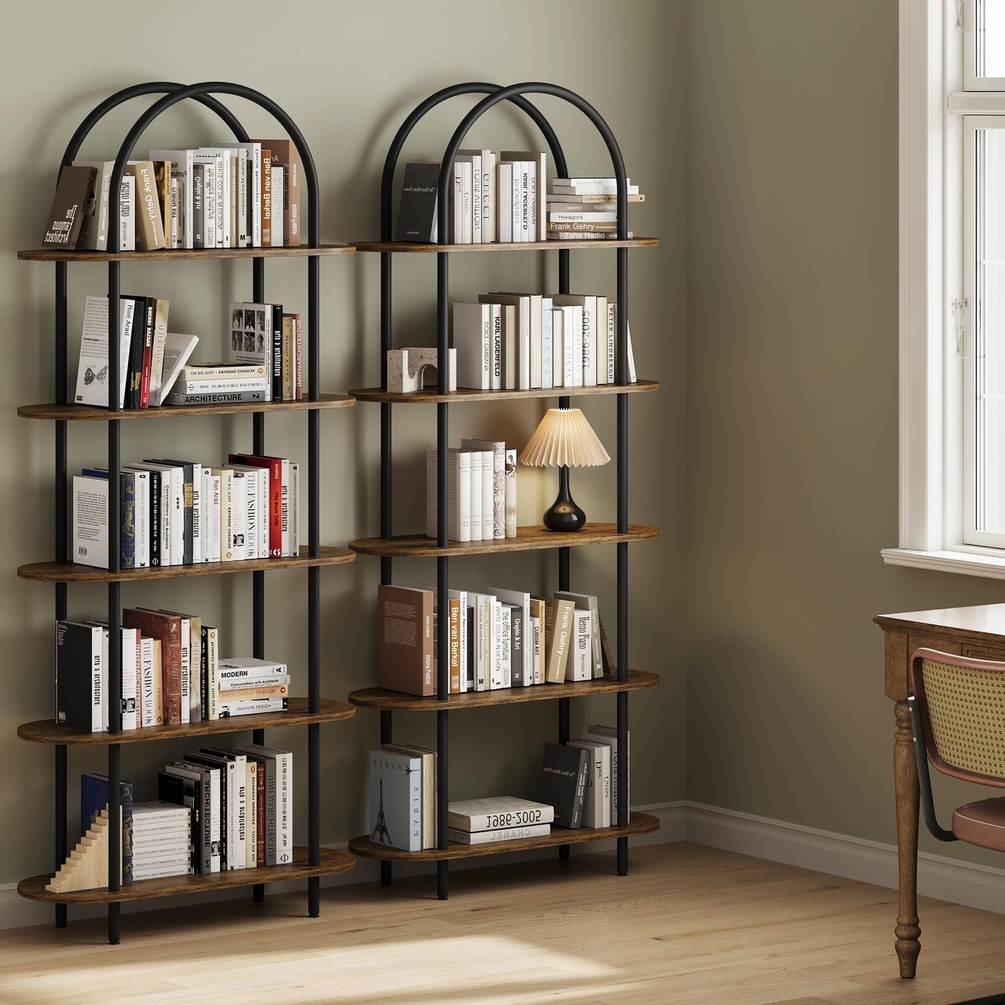 MilleLoom 71" Arched Bookshelf, 5 Tier Freestanding Open Bookcase with Sturdy Metal Frame, Modern Display Rack and Plant Shelf for Bedroom, Living Room, Home Office, Black and Retro