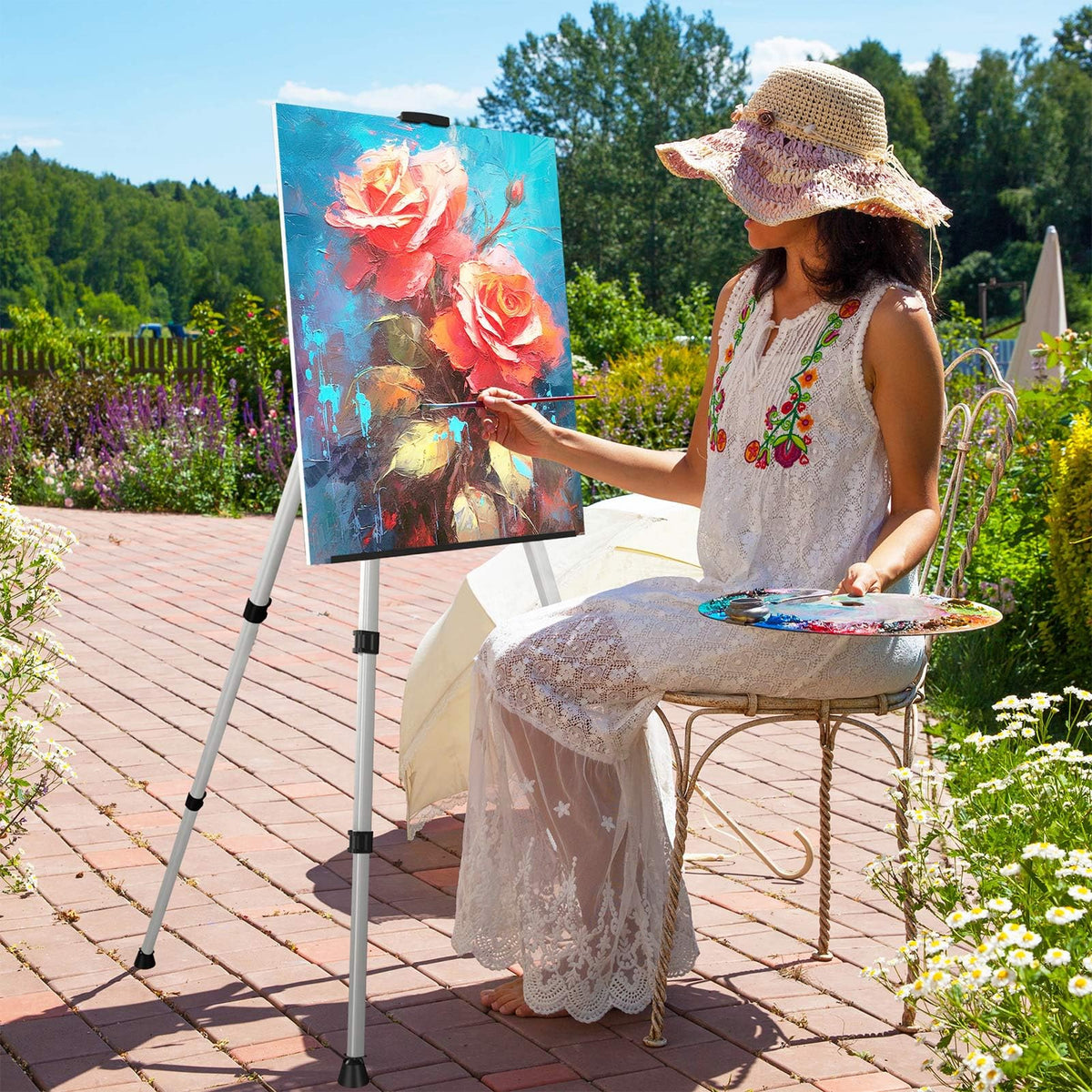 Art Easel Stand for Painting or Sign, Portable Adjustable 66 inches Display Tripod Artist Floor Aluminum Metal Easel with 1 Bag for Table-top/Floor Drawing, Sturdy for Canvases Displaying - Silver