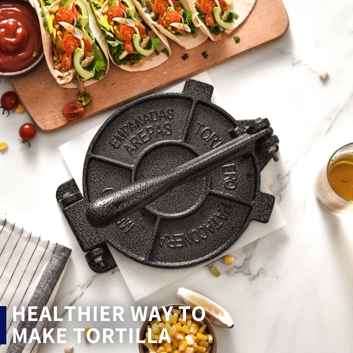 ARC Tortilla Press 8 inch, Cast Iron Tortilla Maker Include 100 Pcs Parchment Paper, Heavy Duty Tortillera Pataconera, Flour Tortilla Press, Roti Maker, Taco Maker, Taco Press, Black Gray
