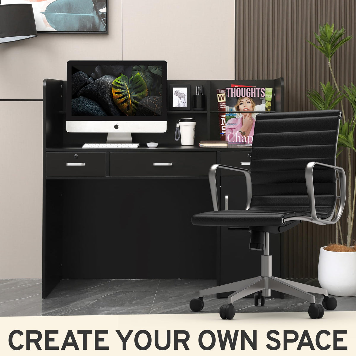 Houseables Receptionist Desk, Reception Desk with Counter, Checkout Counter, Cashier, Front Office, Small Spaces, Retail Table, Modern, Black, for Cash, Lobby, Salon, Store, Check Out/in, 47x44x19in