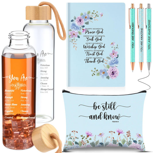 Resholder 6 Pcs Christian Gifts Set for Women Glass Bottle, Makeup Bag, Ballpoint Pens, Religious Scripture Notebook Inspirational Gifts for Sunday School Church(Blue)