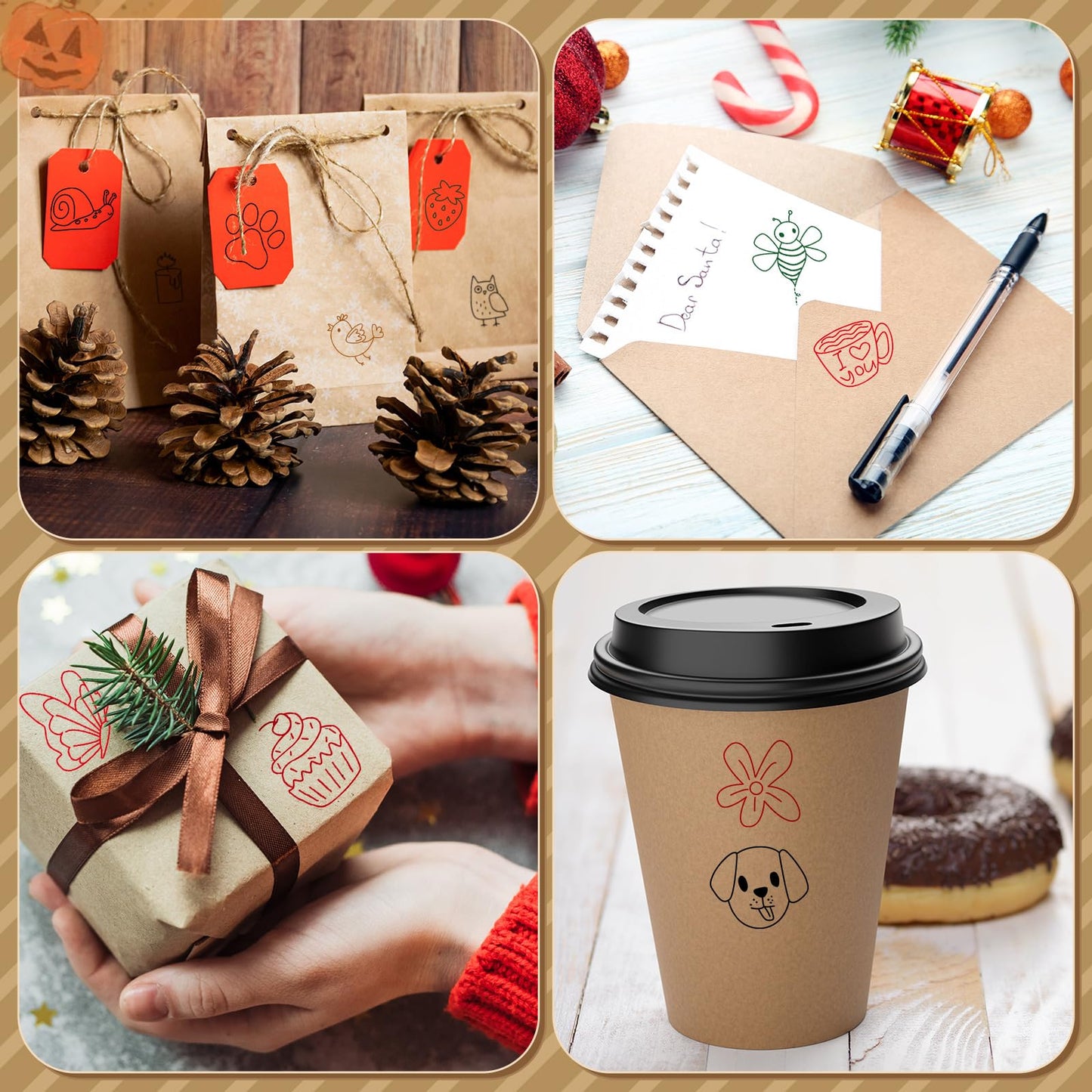 MotiMind 18 Pcs Cartoon Pattern Wood Stamps Set Wooden Rubber Holiday Stamps for Card Making Decoration and Scrapbooking Supplies