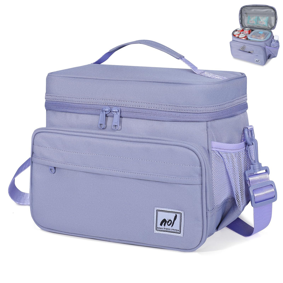 NOL Natural Organic Lifestyle Fully-Insulated Lunch Bags for Women & Men, Lightweight Nylon Cooler Bag for Adult Meal with Adjustable Shoulder Strap Waterproof Lunch Box For Work (Light purple)
