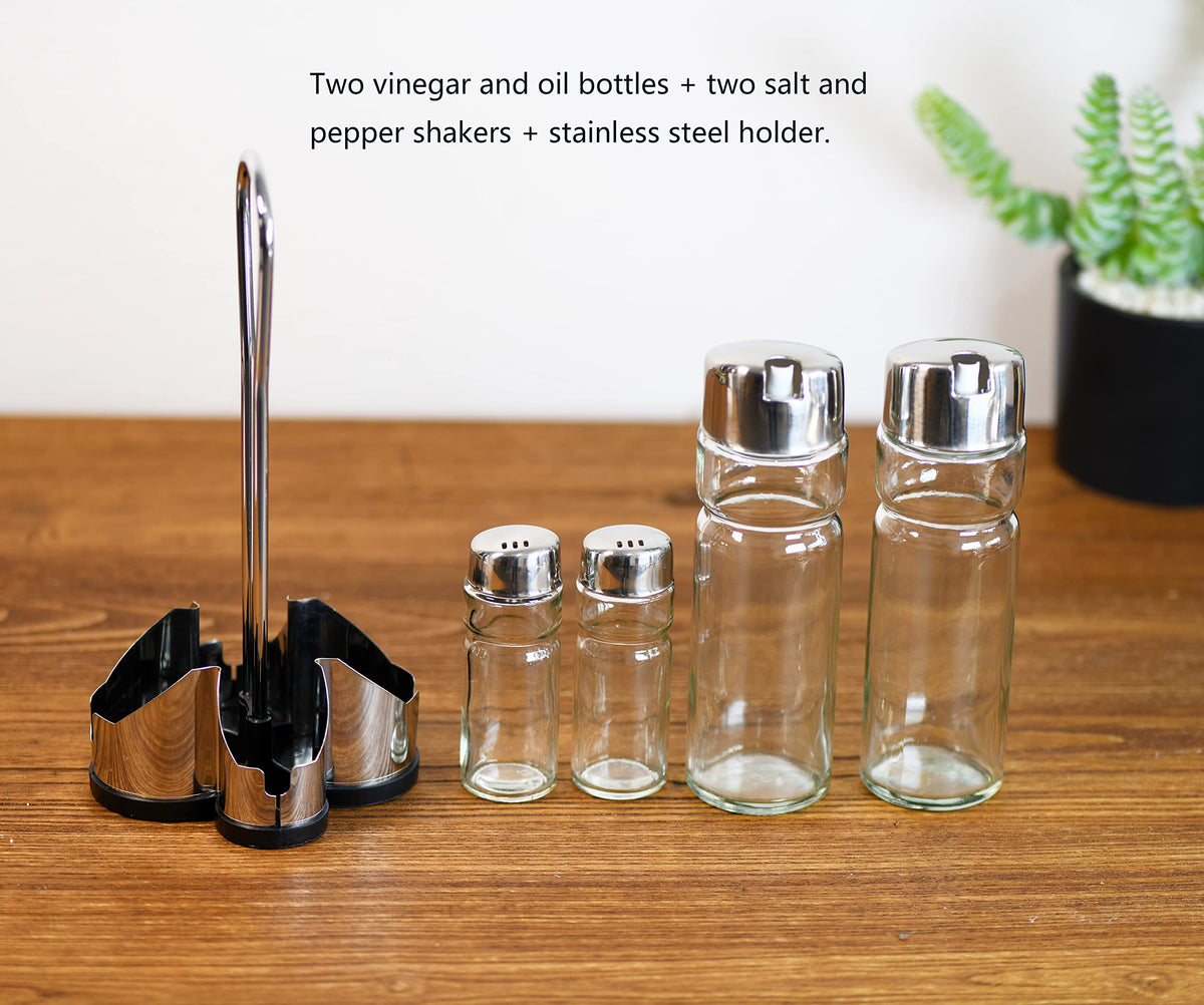 Salt and Pepper shakers, Oil and Vinegar Dispenser Set with Stainless Steel Holder (Salt & Pepper + Oil & Vinegar)