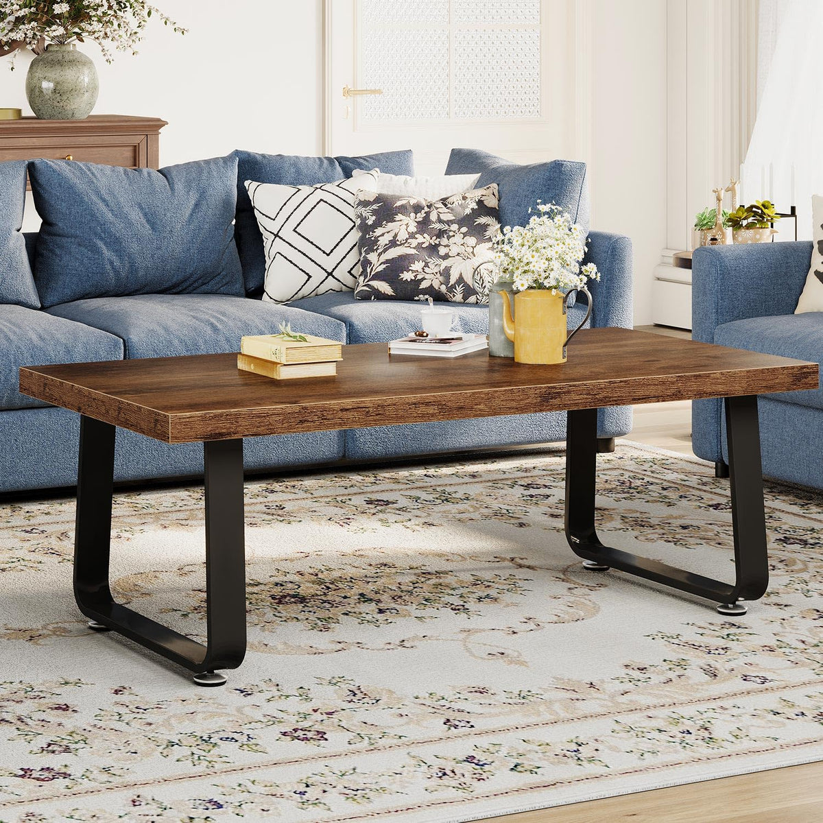 HSH Wooden Coffee Table, Industrial Rectangle Center Table, Modern Minimalist Coffee Table for Living Room, Farmhouse Wood and Metal Cocktail Tea Table for Bedroom Home Office, Rustic Brown, 47 in