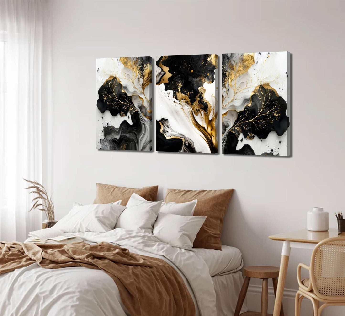 3Pcs Abstract Marble Canvas Wall Art Picture Black White Gold Texture Poster Print Modern Painting Wall Decor for Bedroom Living Room Office 12x16in Framed