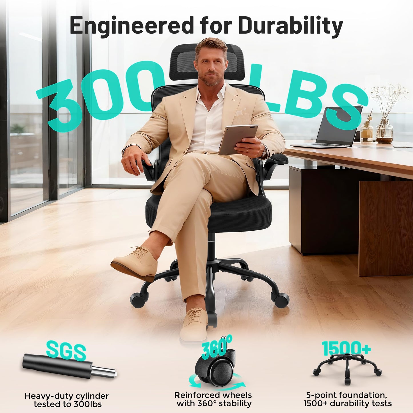 AreShark Office Chair - Ergonomic Desk Chair Breathable Mesh Chair with 2D Headrest & Adjustable Lumbar Support - Executive High Back Rolling Swivel Computer Gaming Chair with Wheels Flip-up Armrests