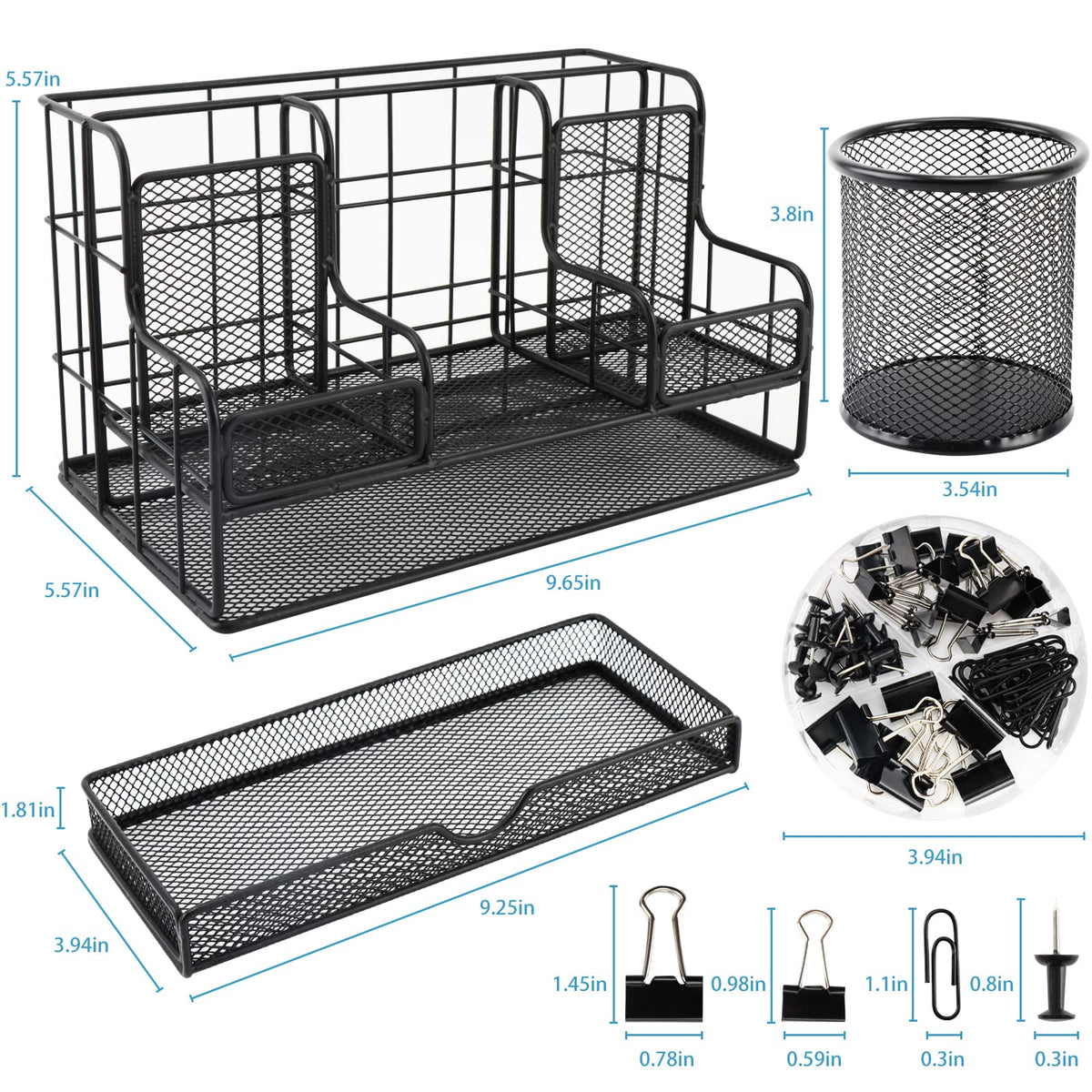 BCCICE Desk Organizers Caddy and Accessories with 7 Compartments + Pen Holder / 72 Clips Set, Drawer, Black Mesh Office Supplies Desktop Organizer for Home, Office Ect