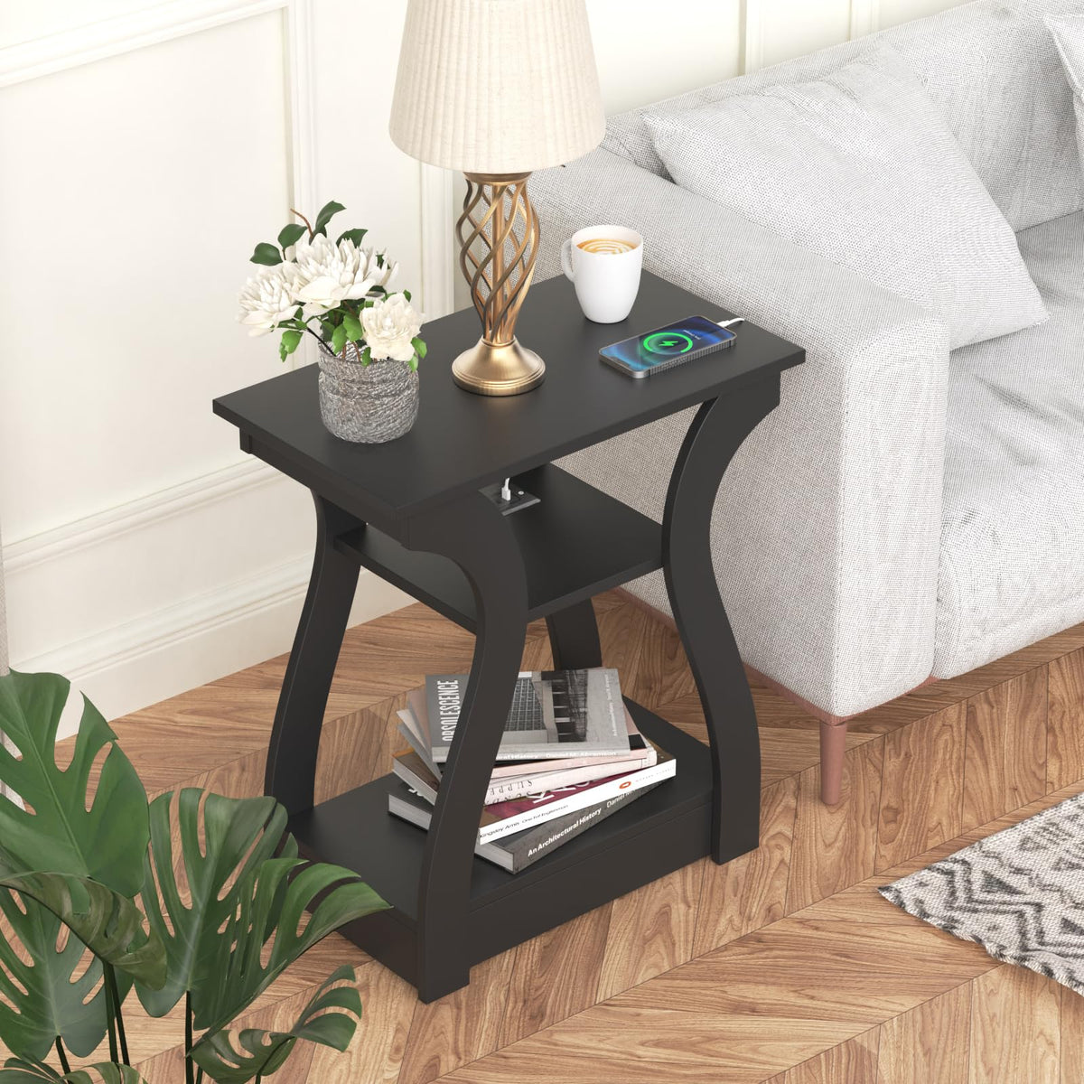 FROMJBEST End Table with Charging Station, Side Table with USB Ports and Outlets, Nightstand, 3 Tier End Table with Storage Shelf for Living Room, Bedroom (Black)