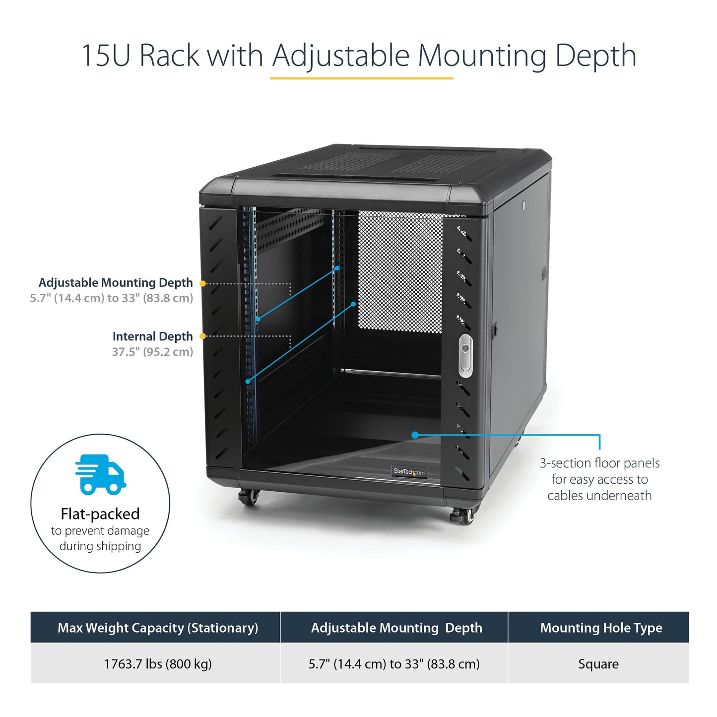 StarTech 15U Enterprise-Grade Server Rack Cabinet, 19in Enclosed 4-Post Rack with 33in (83cm) Mounting Depth and 1764lb (800kg) Weight Capacity