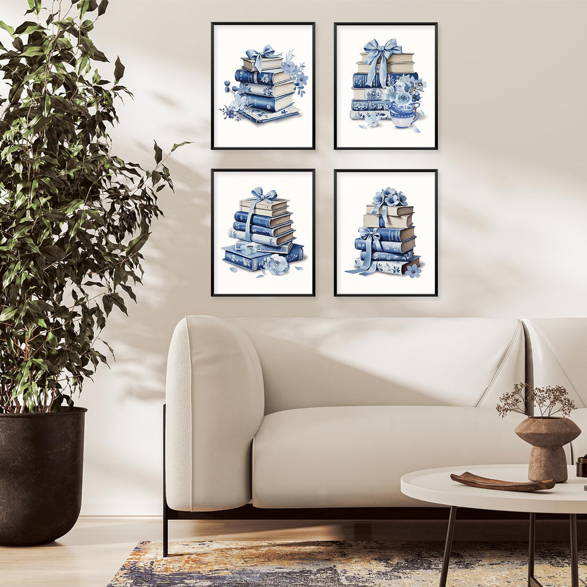Locomiss Blue and White Floral Bow Book Chinoiserie Wall Art Decor Posters, Blue Bow Book Flower Bookish Girly Wall Art Decor For Bedroom Dorm Living Room Classroom Library, Set of 4 (8x10 Unframed)