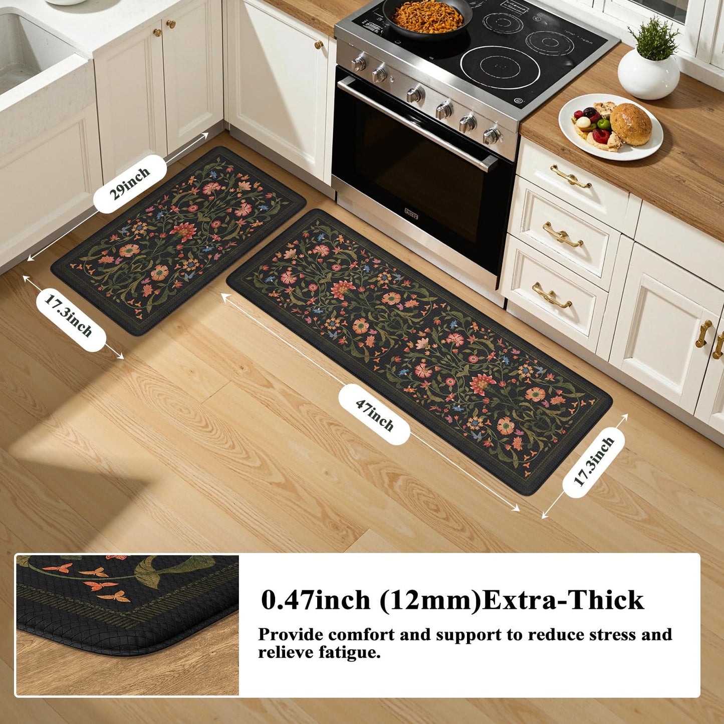 Collive Kitchen Mats for Floor 2PCS, Cushioned Anti Fatigue Mat Non Slip Waterproof Kitchens Sink Rug, Floral Comfort Padded Standing Mat for Laundry, Desk, Bar, Office, 17.3"x29"+17.3"x47", Black