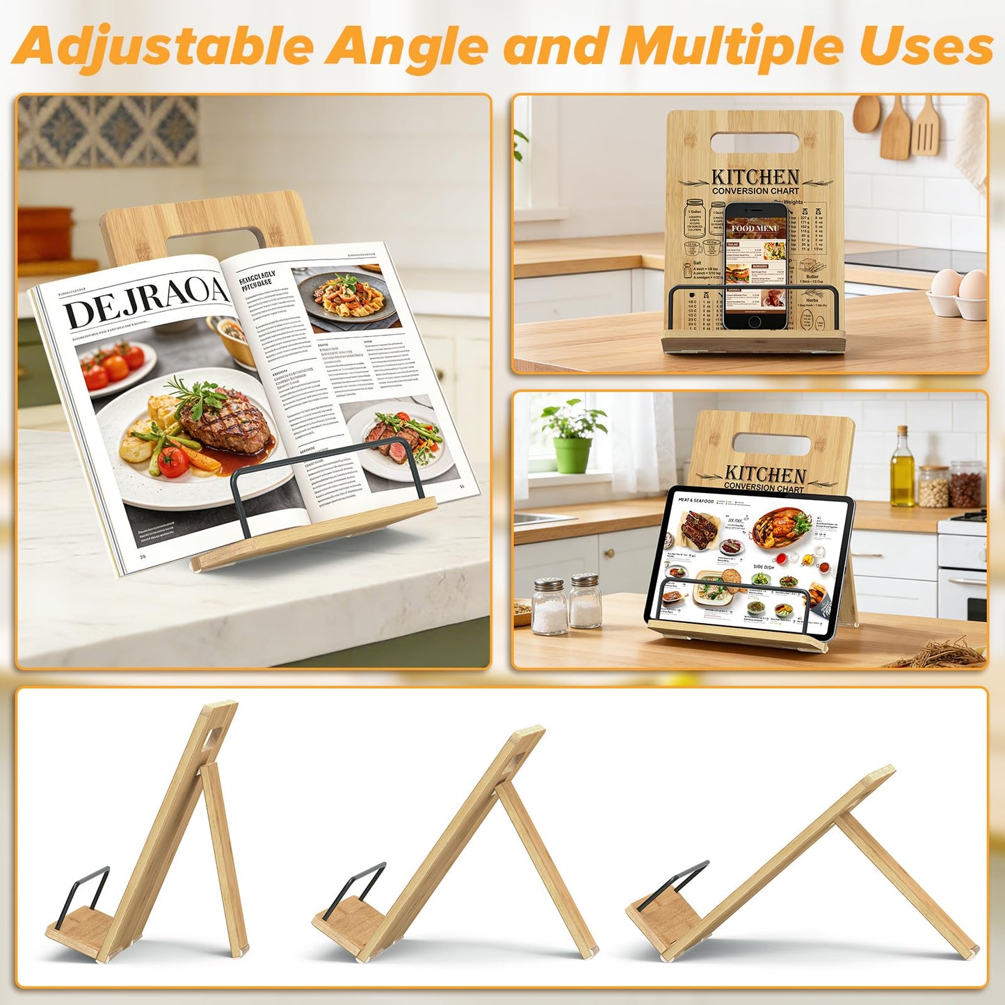 Zaldia Cookbook Stand-Wooden Recipe Book Holder, Adjustable Cooking Book Stand for Kitchen Counter, Recipe Card Holder Shelf with Measurement Conversion Chart, Nice Gift for Cooking Lover,Wood
