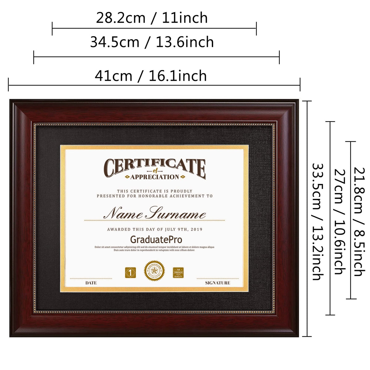 GraduatePro 8.5x11 Diploma Frame with Black Over Gold Mat or Display 11x14 Document without Mat, CPA License Frame, UV Protection Acrylic, Mahogany with Gold Beads
