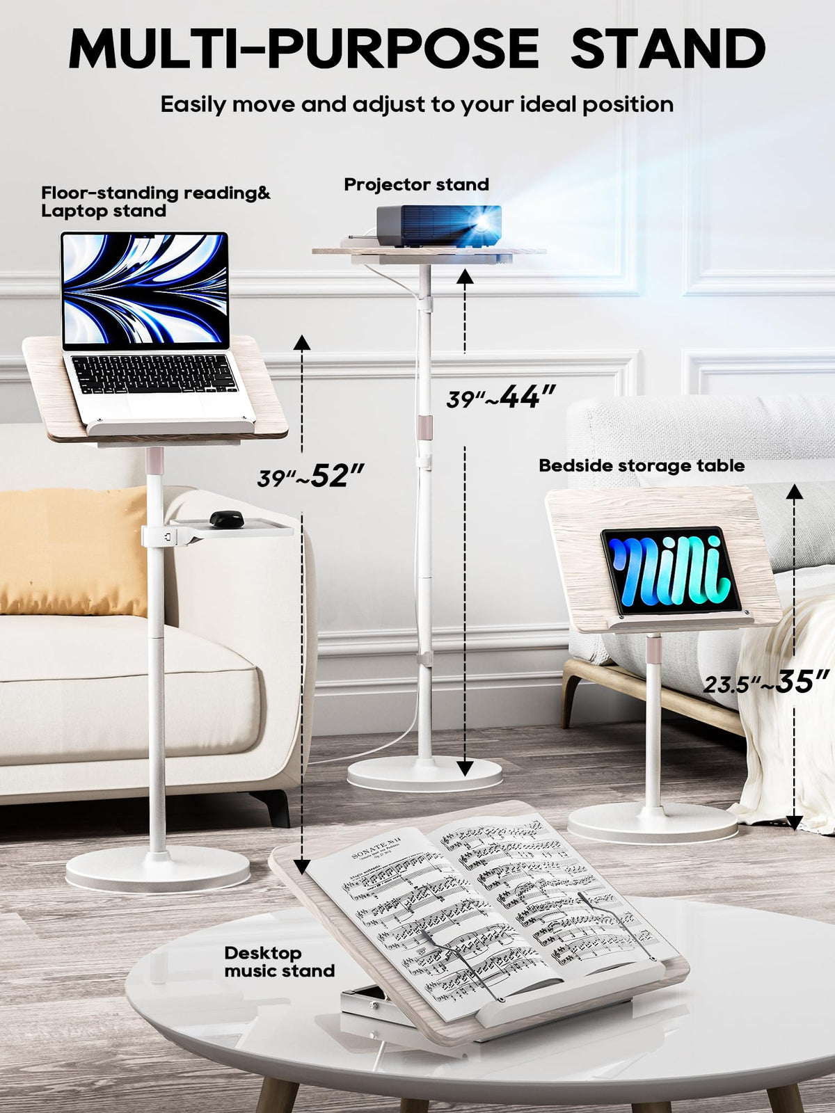 2 in 1 Adjustable Book Stand - Dual-Use Floor and Desktop Book Holder Stand, Height Adjustable 23.5-52 in, Elastic Page Clips for Music Sheet, Recipe, Tablet, Laptop-White