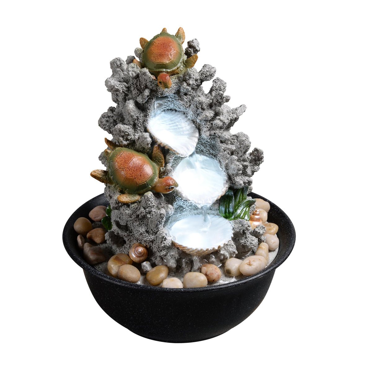 Indoor Tabletop Turtle Water Fountain with LED Light – Coastal Sea Life Desk Waterfall Feature with Soothing Sounds and River Rocks, Ocean Zen Decor for Home Office