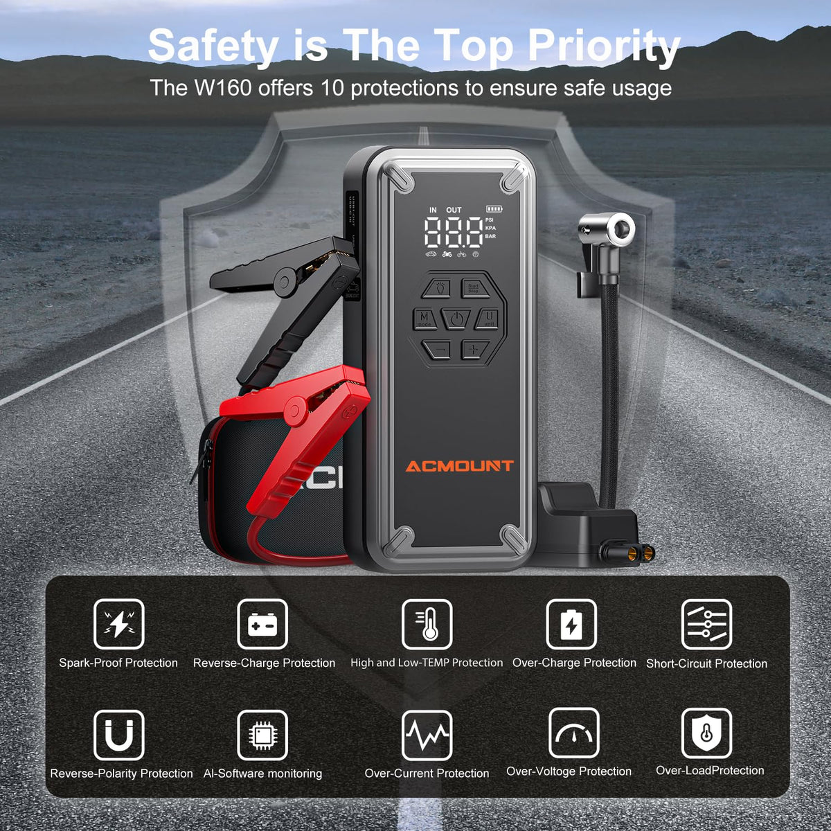 Acmount W160 Jump Starter with Air Compressor, 5000A Portable Car Jump Starter 150PSI Tire Inflator/Air Pump, 12V Battery(Up to 9L Gas/8L Diesel Engine) Jump Pack, Car Emergency Kit, Idea Gift for Man