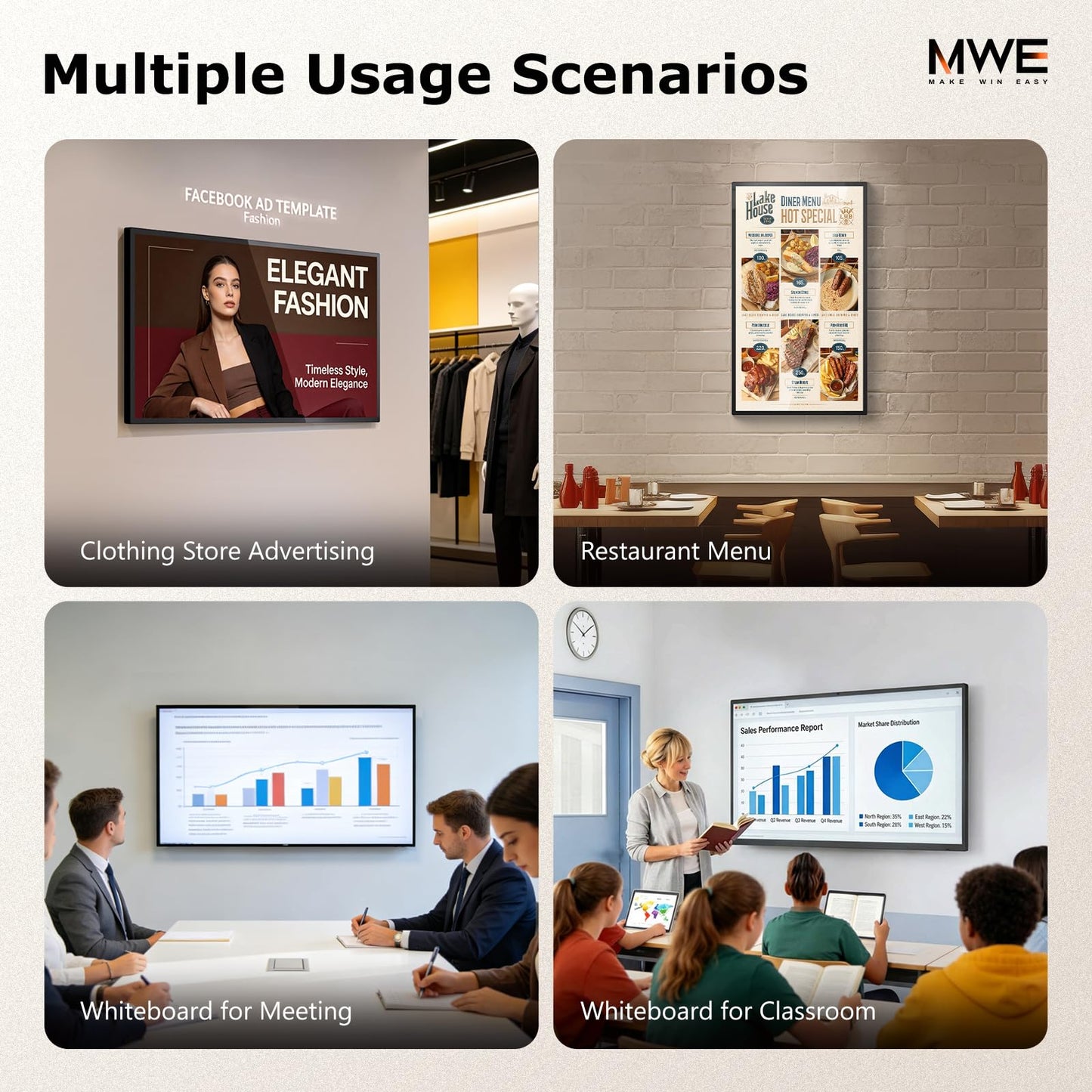 MWE 43 inch Wall Mount Digital Signage, FHD Touchscreen Monitor Android 14, Multi-Touch Screen Smart Split, Commercial Advertising Display, Time Switch, CMS Management, HD-MI/ USB/ WiFi/ for Windows