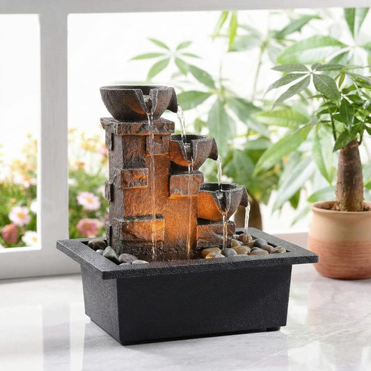 GOSSI Home Décor Imitation 3-Tier Stone Wall Tabletop Fountain Many Natural River Rock Office Relaxing Desktop Zen Waterfall Meditation Tabletop Fountain LED Lights Fountain Christmas Decorations