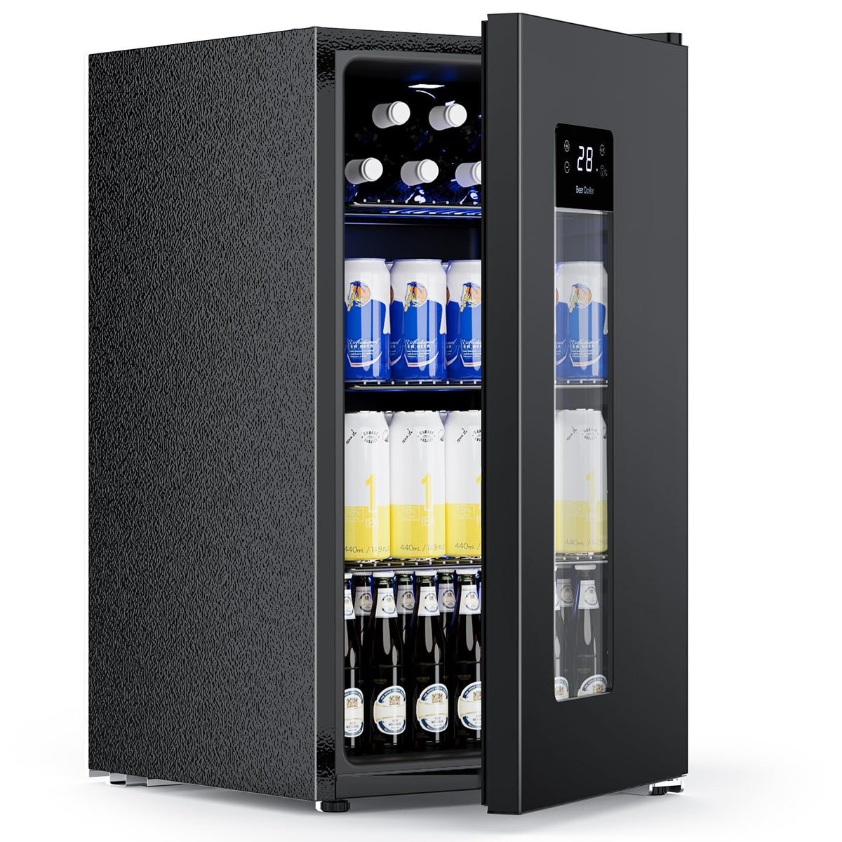 COWSAR 3.2 Cu. Ft. Beverage Refrigerator, 130-Can Beer Cooler with Glass Door, Adjustable Shelves, Digital Temperature Control (20°F–50°F), and LED Lighting for Home, Office & Bar, Black
