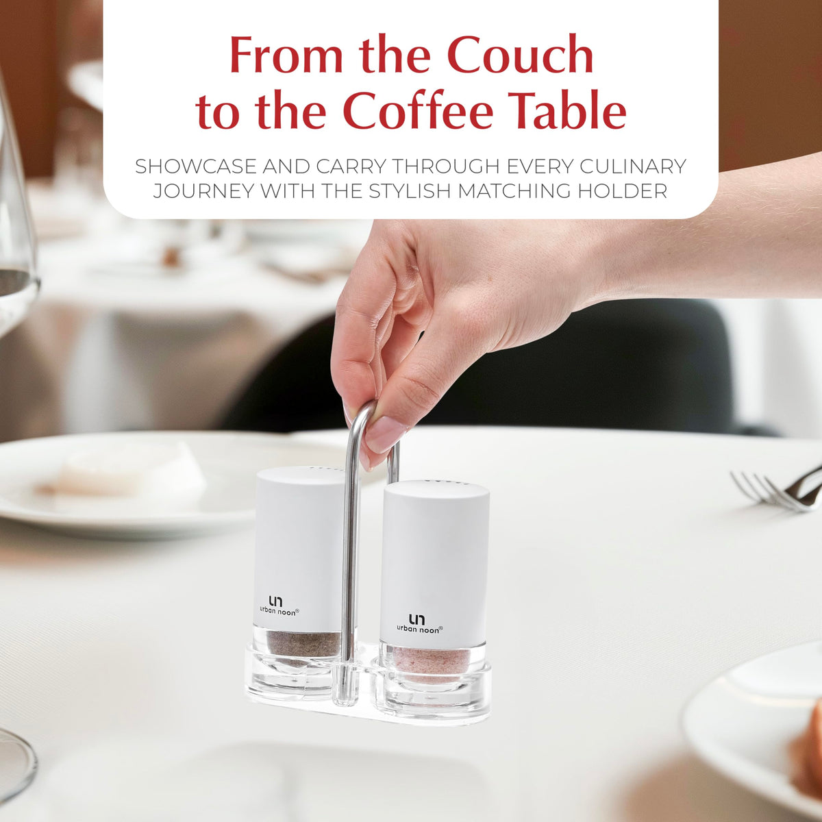White Salt and Pepper Shakers with Holder - Elegant Stainless Steel Salt Shaker and Pepper Shaker Set with Acrylic Holder for Kitchen Counter or Restaurant Table