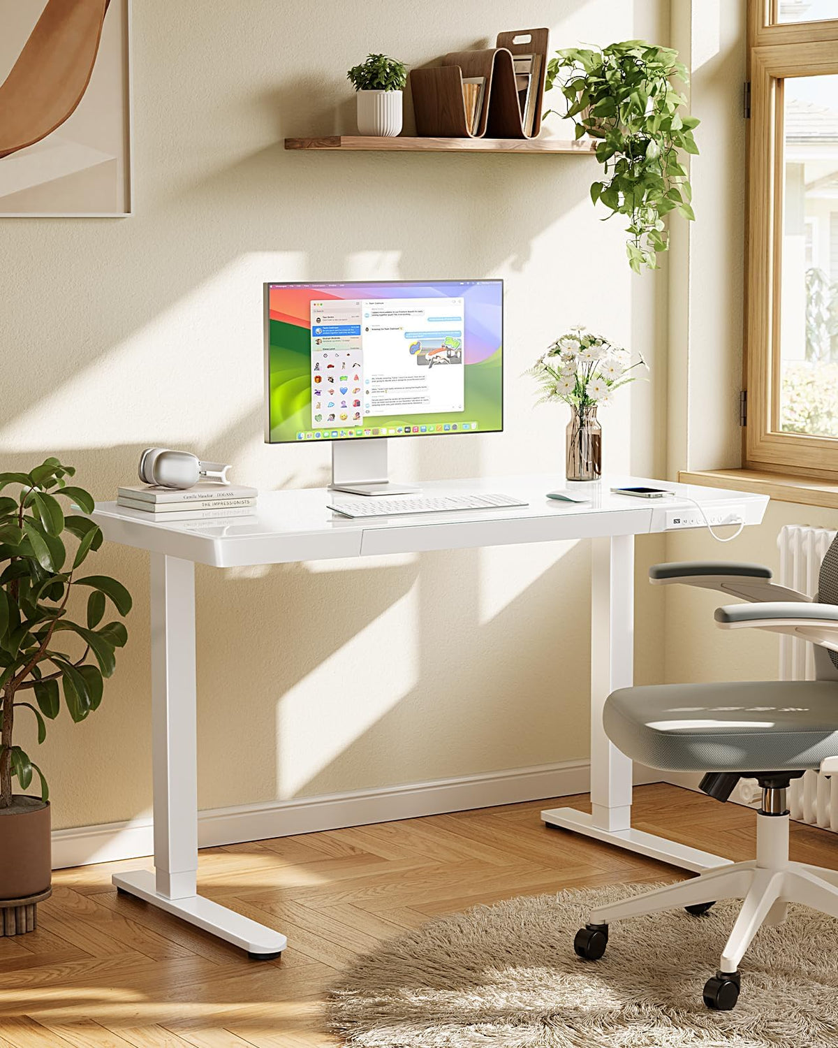 Marsail Glass Standing Desk with Drawer, 48x24 inch,Sit Stand Desk with One-Piece Tabletop & USB Charging Ports, Computer Table with Storage for Home & Office White