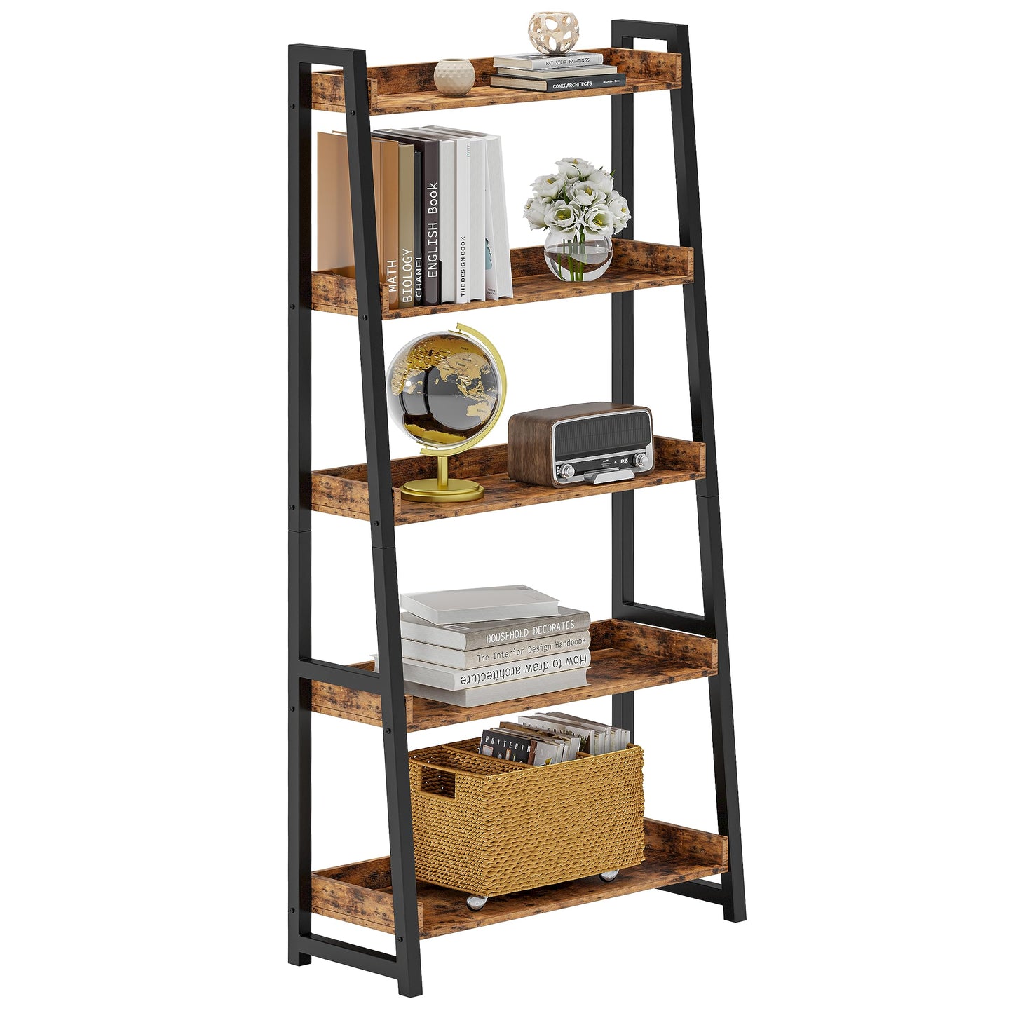IRONCK Ladder Shelf, Ladder Bookshelf 5-Tier 74.8in Tall, Industrial Bookcase and Bookshelf, Display Shelf Metal Frame for Home Office, Bathroom, Living Room, Vintage Brown