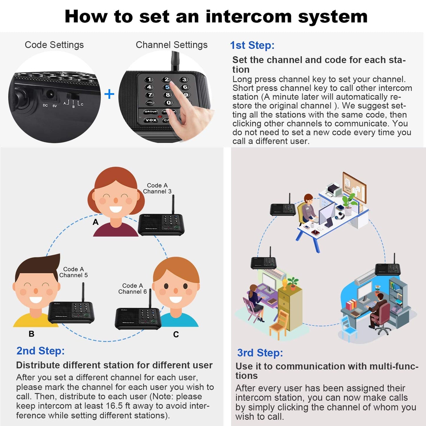 Wuloo Intercoms Wireless for Home 5280 Feet Range 10 Channel 3 Code, Wireless Intercom System for Home House Business Office, Room to Room Intercom, Home Communication System (6 Packs, Black)
