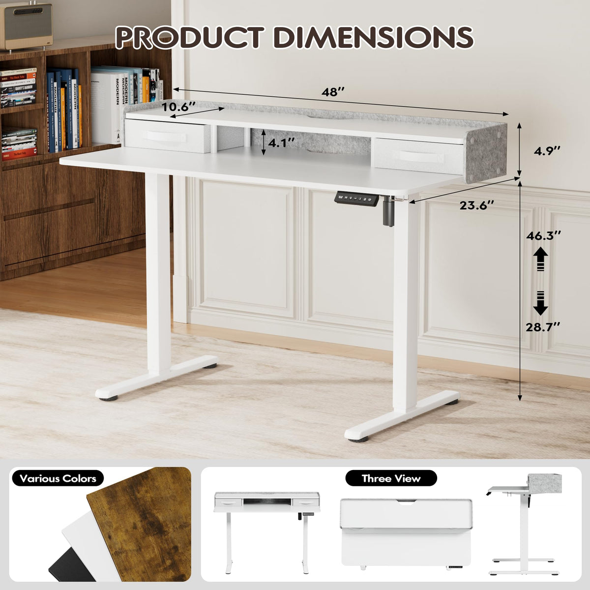 Furmax Electric Standing Desk with Drawers, Stand Up Desk with Storage Shelf Height Adjustable Computer Desk with Organizer for Home Office Ergonomic(White, 48 Inch)