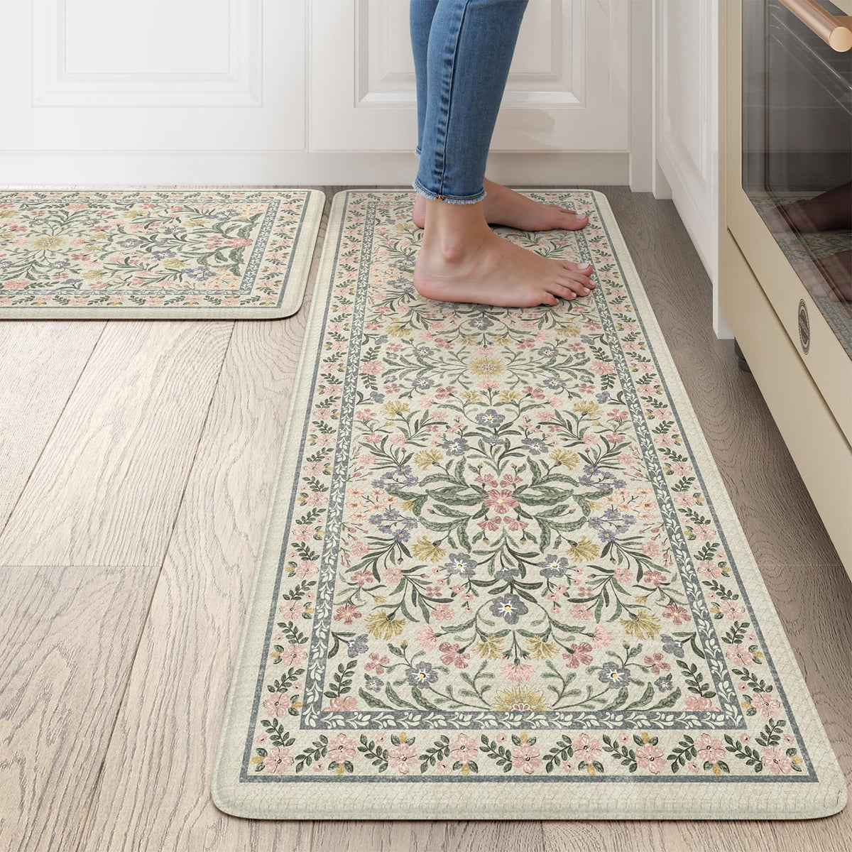 Collive Anti Fatigue Mat for Kitchen Floor, Spring Floral Kitchen Mats for Floor Set of 2, Beige Cushioned Waterproof Sink Rugs Non Slip Comfort Standing Rug for Office, Laundry, Desk