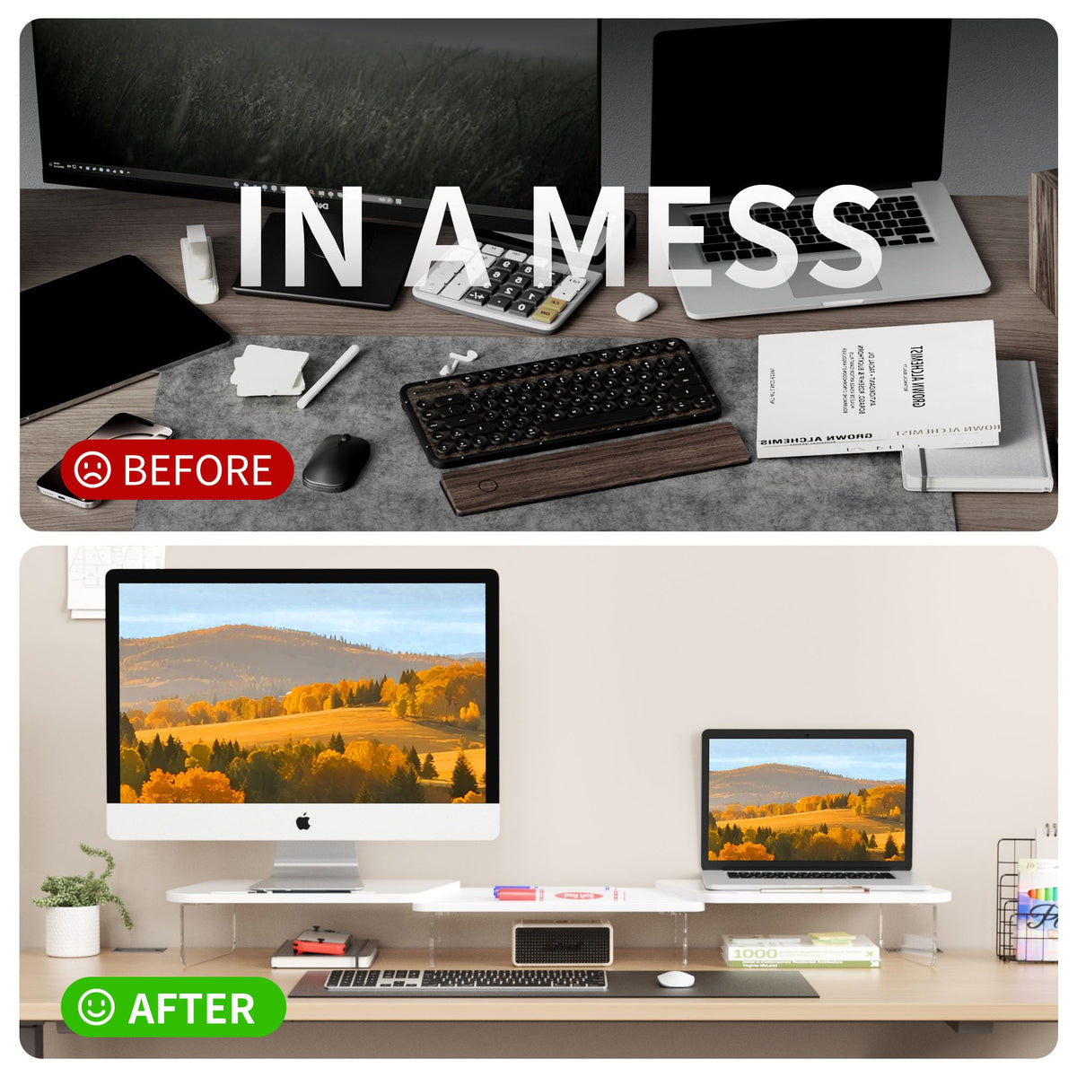 AFOOYO LED Dual Monitor Stand Riser for 2 Monitors,Office Desktop Wooden Stand Adjustable Length and Angle 3 Shelf,Extra Long Multifunctional Stand up to 39.3" for Computer,Laptop,TV,White