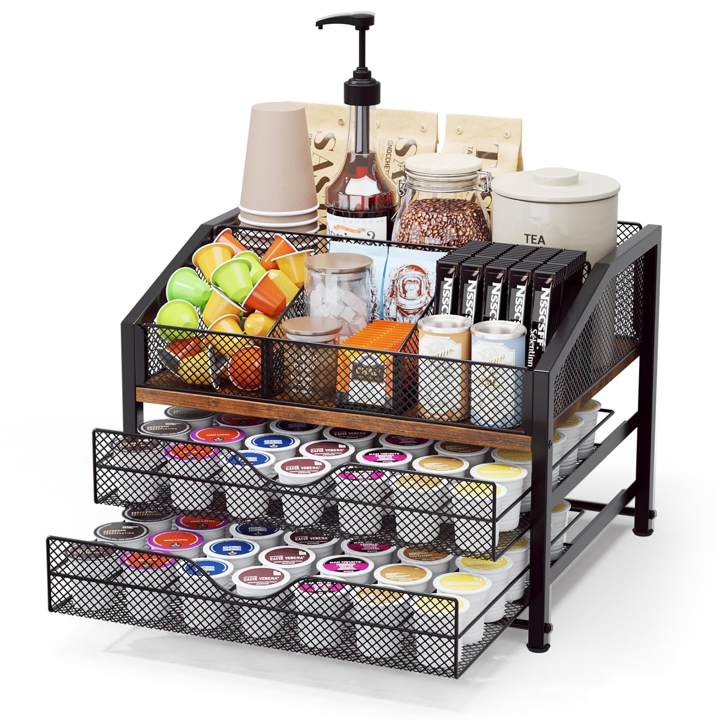 Homsorout Coffee Bar Organizer - Coffee Station for Countertop, Metal and Wood K Cup holder Storage Basket for Coffee Pods, Syrup, Cups, Stirrer, Coffee Condiment, Tea Organizer, Black and Brown
