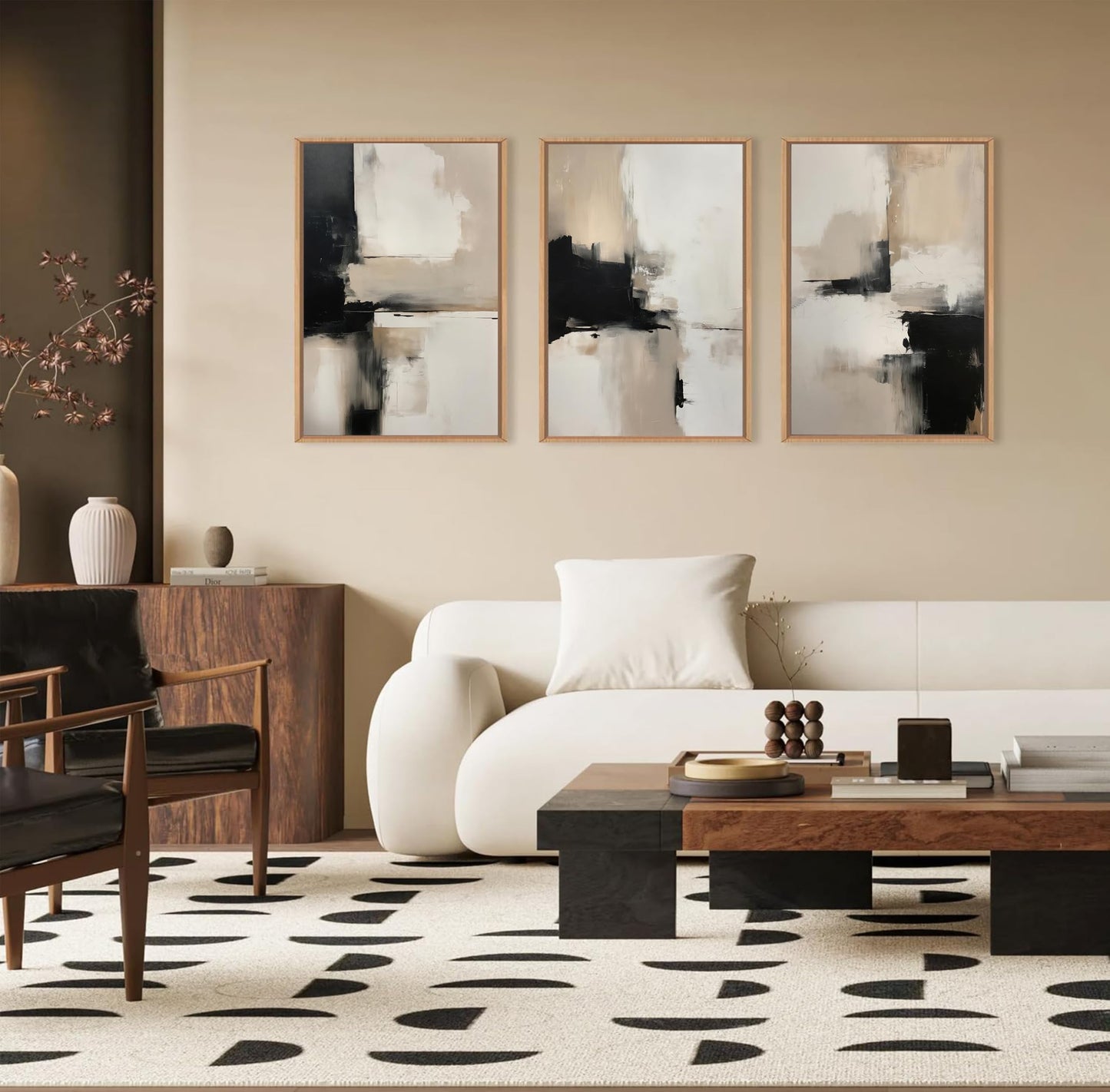3PC Beige Abstract Wall Art Large Modern Minimalist Posters Prints Black Brown Neutral Artist Pictures Painting for Living Room Bedroom Bathroom Office Decorations Unframed