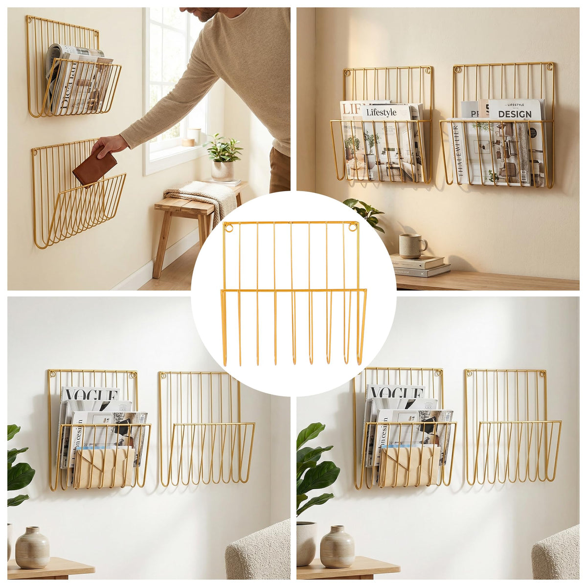Pipigaty 2-Pack Wall Magazine Holder File Organizer Mental , Wall Mounted Magazine Rack for Space-Saving, Walls Magazine Holder for Mail, Bathroom & Home Office Organizer, Office Living Room(Gold)