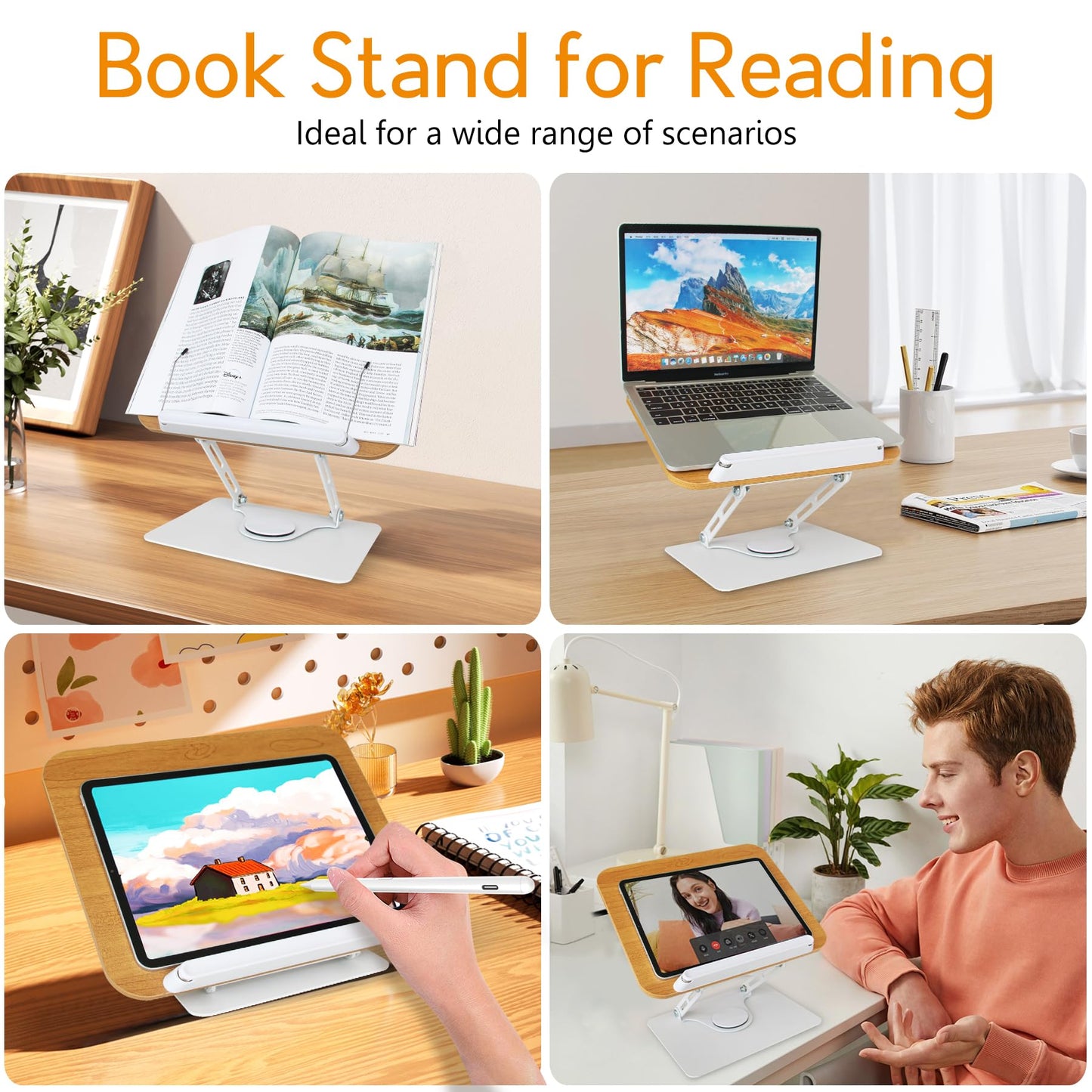 trophable Book Stand for Reading Cookbook Stand Book Holder with 360 Rotating Base Page Clips Book Display Stand for Recipe Sheet Music Laptop Drawing Tablet