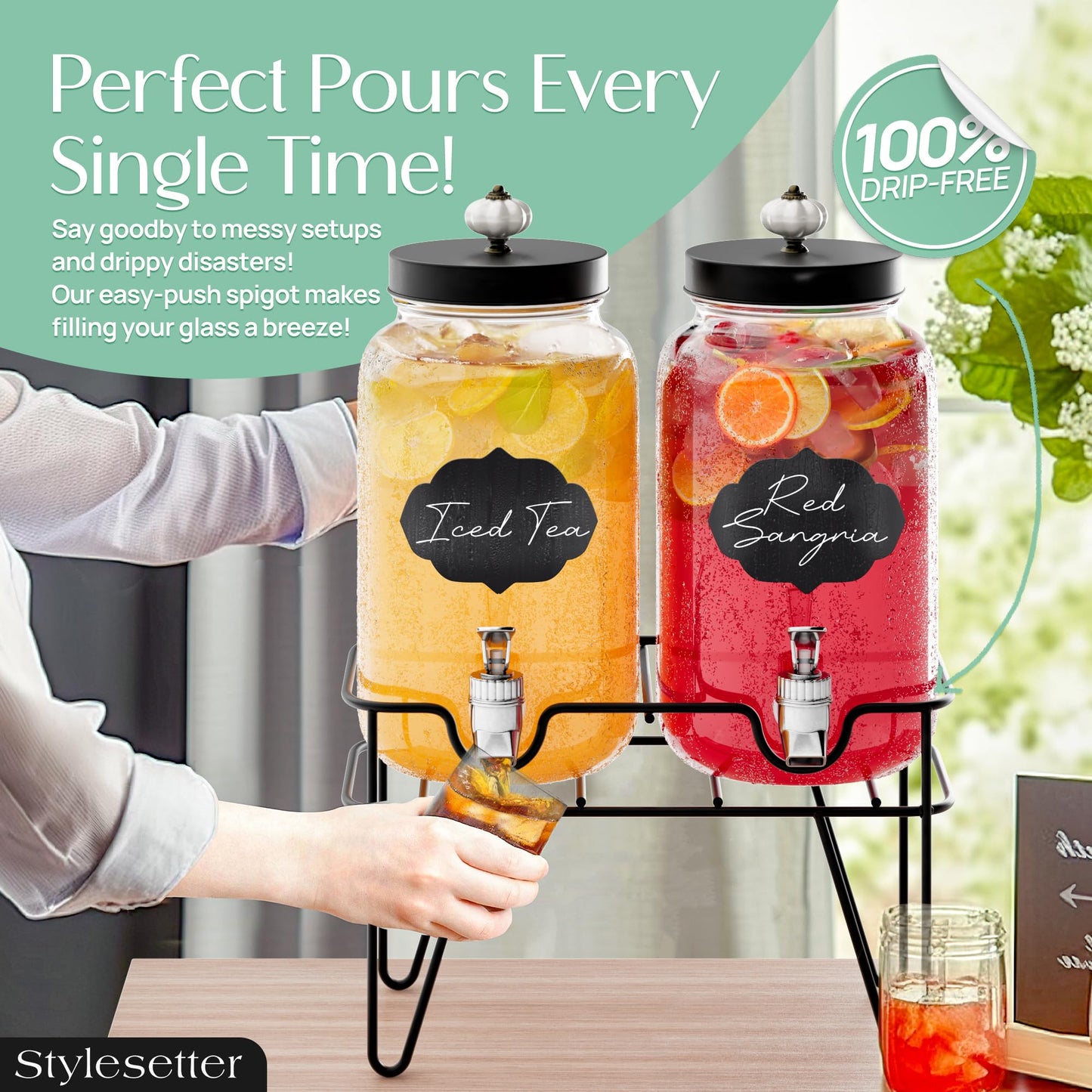 Style Setter Manchester Beverage Dispenser Set of 2 Cold Drink Dispenser w/ 3.1 Liter each
