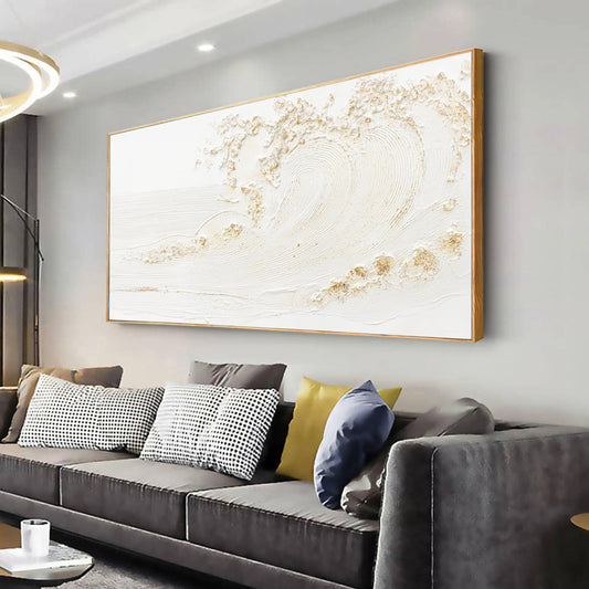 Wall Art Small Size Framed Home Artwork Decor Hand Painted White wave with golden embellishments Modern Canvas Painting For Living Room Decor For Bedroom Office Wall Decor 20"X 40"