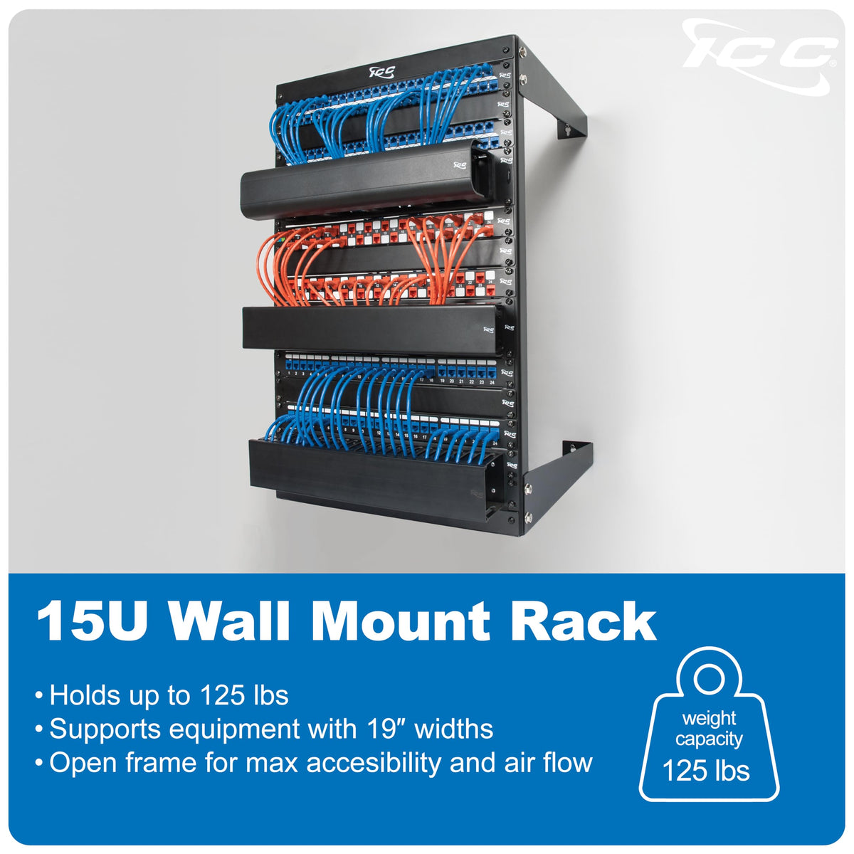 ICC 15U Wall Mount 19″ Open Frame Server Rack – 18″ Deep Cold-Rolled Steel, 125 lb Load Capacity – Network Rack for Patch Panels, Switches, AV, IT & Telecom Equipment Installations