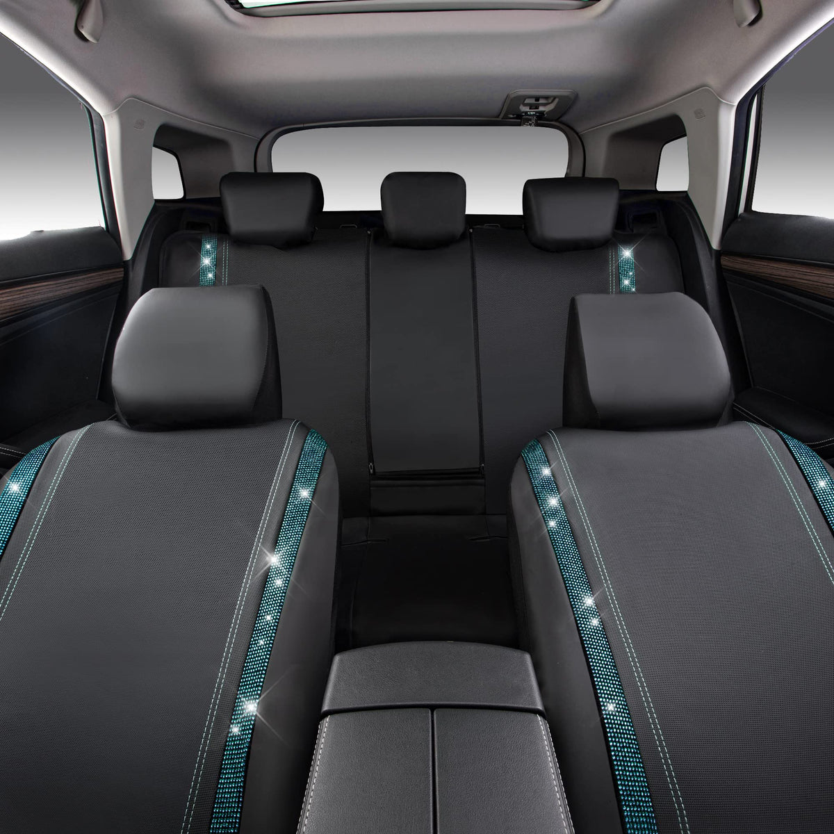 CAR PASS Bling Car Seat Covers Full Set, Shining Rhinestone Diamond Waterproof Faux Leather Universal Fit 95% Automotive Glitter Crystal Sparkle Strips for Cute Women Girl, Full Set (Mint Diamond)