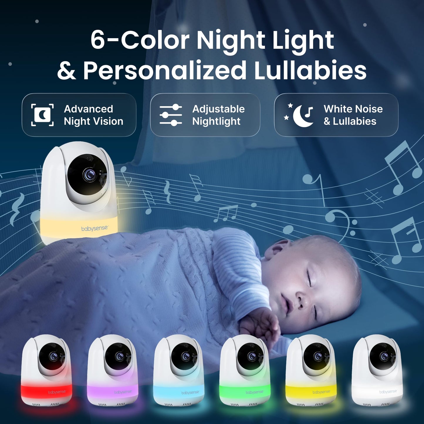 Babysense PRO Full HD 5.5" Split Screen Baby Monitor with 2 Cameras, 6-Color Night Light, White Noise, Sound & Light Machine, 20-Hour Battery, Hack-Proof Non-WiFi Secure Connection