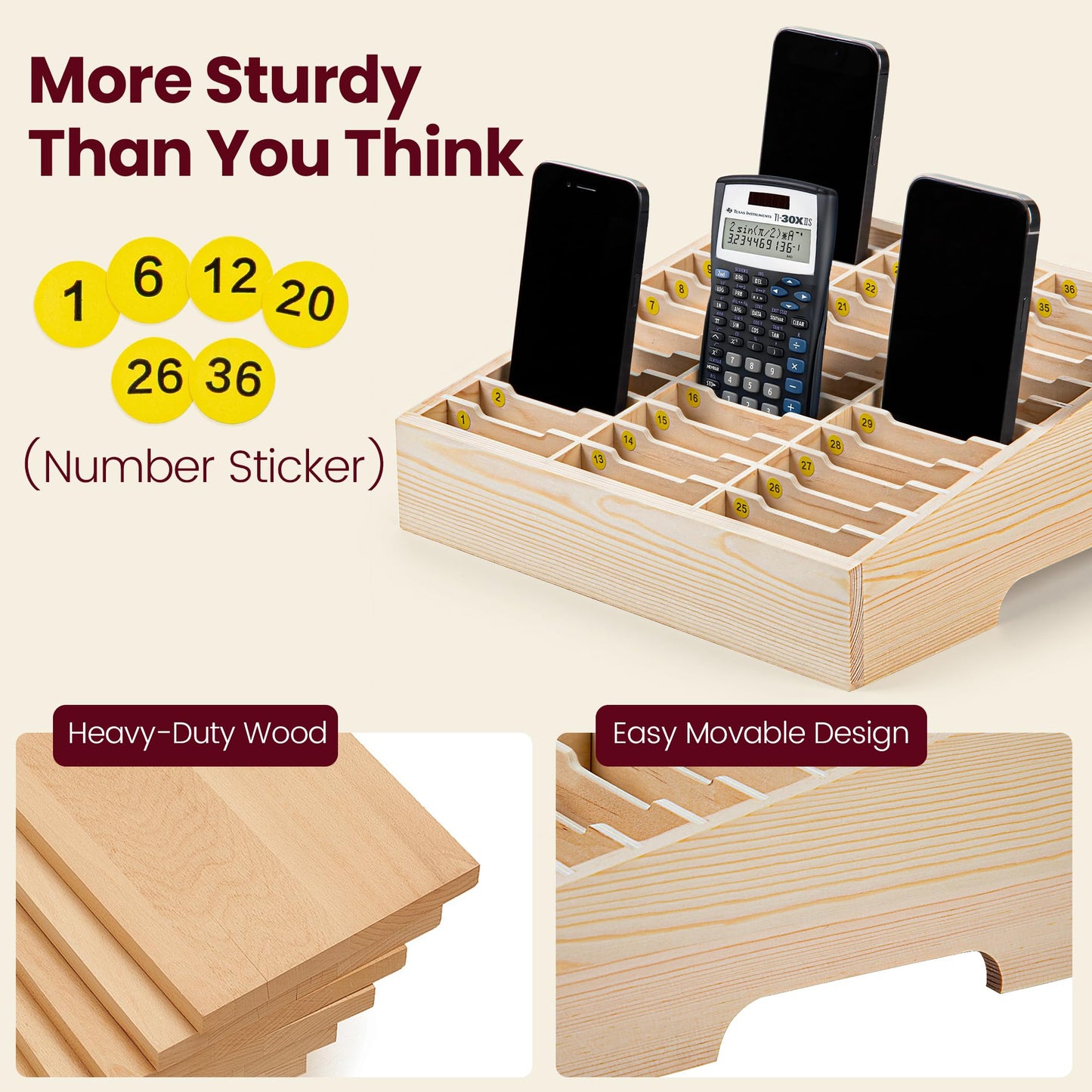 Classroom Cell Phone Holder, Fully Assembled 36 Grid Cellphone Storage Box for Student Management, Wooden Calculator Organizer Caddy for School Office