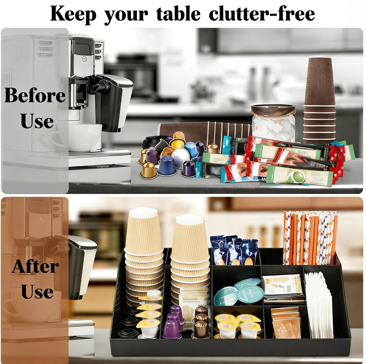 SZQINJI Coffee Condiment Organizer Holder 10-Compartment Break Room Coffee Condiment Caddy Cup Storage Holder Black
