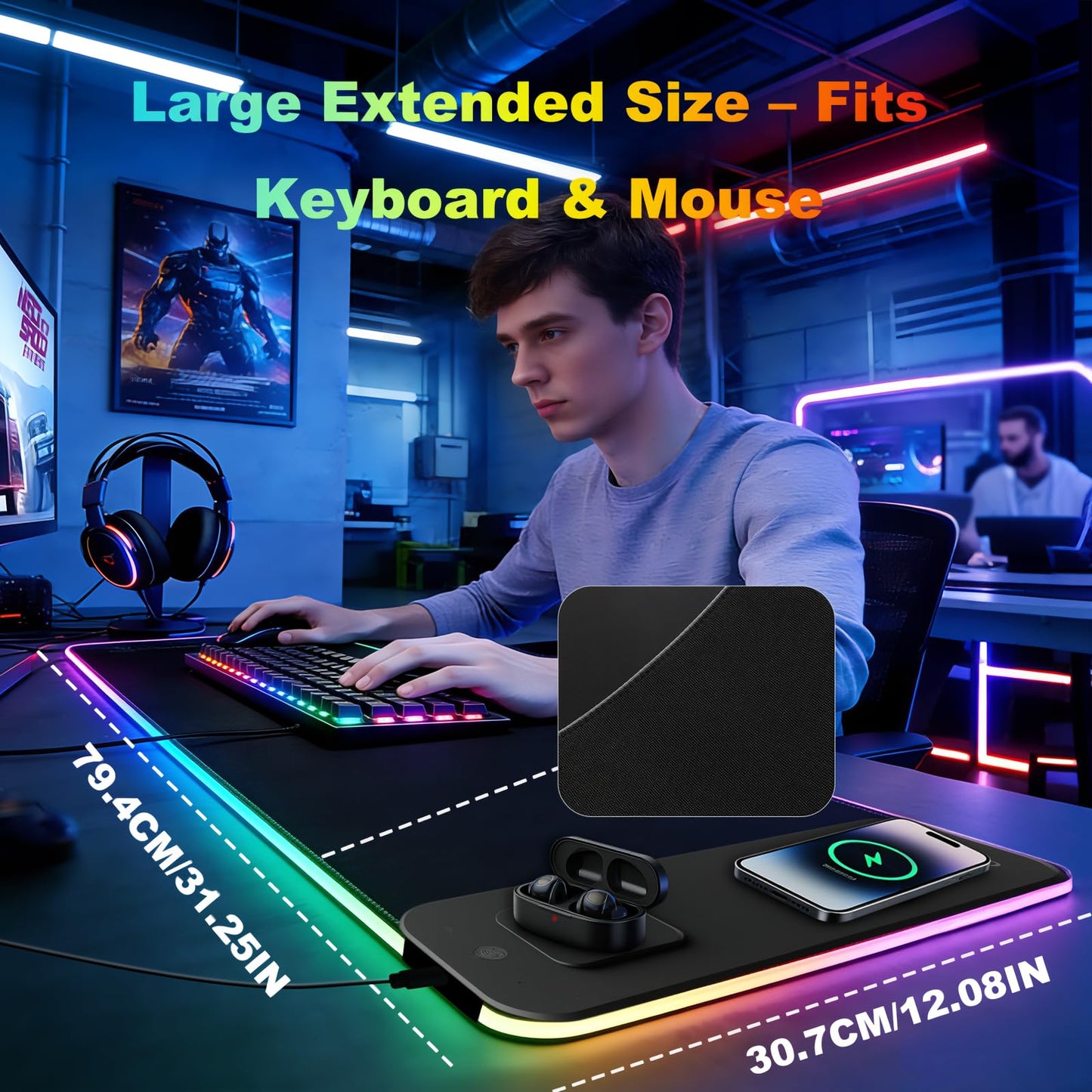 obvade Gaming RGB Mouse Pad Wireless Charging XXL Desk Mat for Keyboard 15w Fast Charger 11 Led Light Modes Non-Slip Large Office Desk Pads on Top of Desks