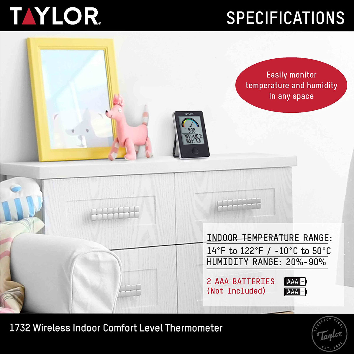 Taylor Digital Wireless Indoor Comfort Level Thermometer and Hygrometer, Easy-to-Read Display for Home, Office, Greenhouse, Nursery, and Indoor Areas, Black