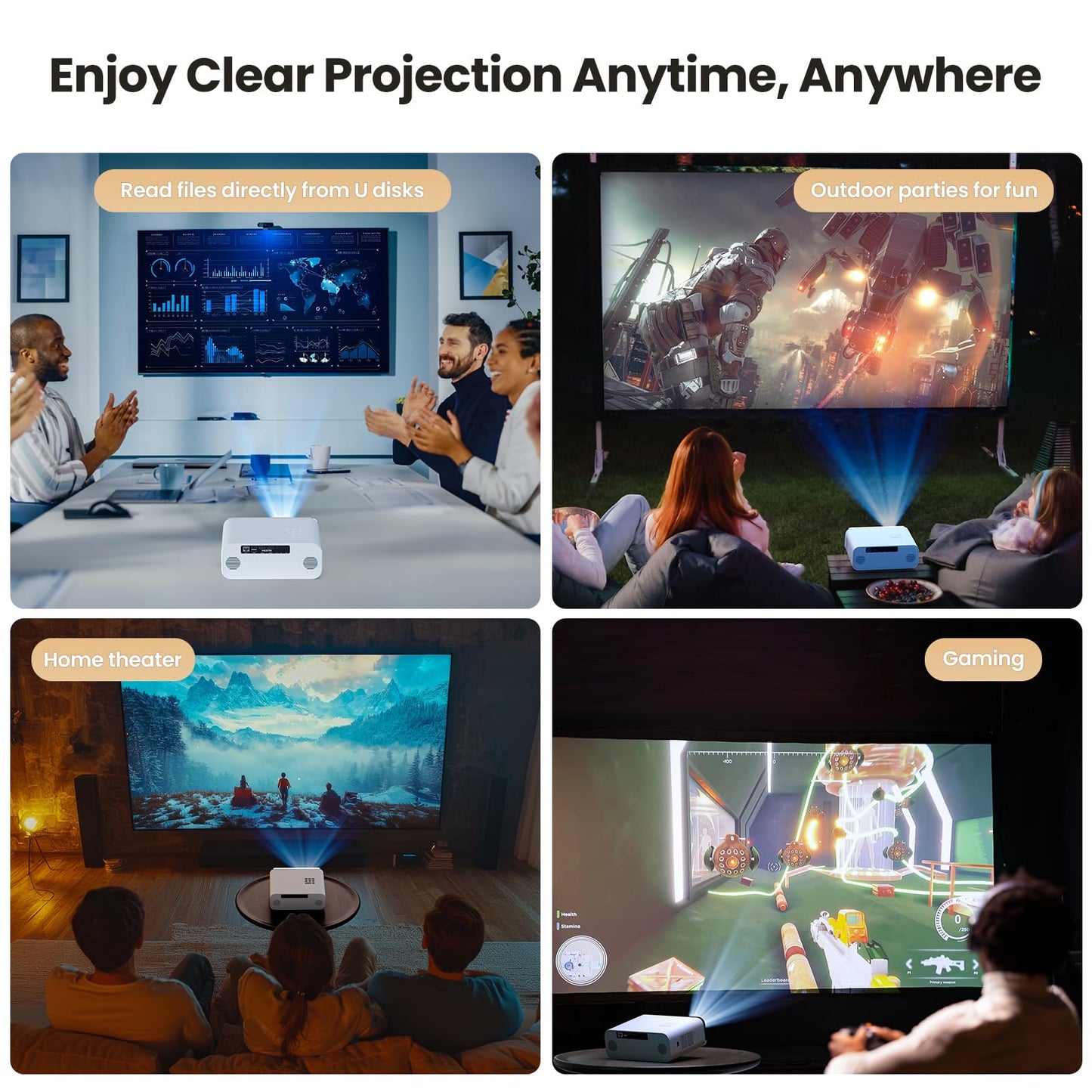 HUNKSTAR Mini Projector, 4K Support Projector with Wifi 6 and Bluetooth 5.2, 1000 ANIS Portable HD1080P Home Video Projector with Auto Focus, Suitable for Family Gatherings, Various Festivals (White)
