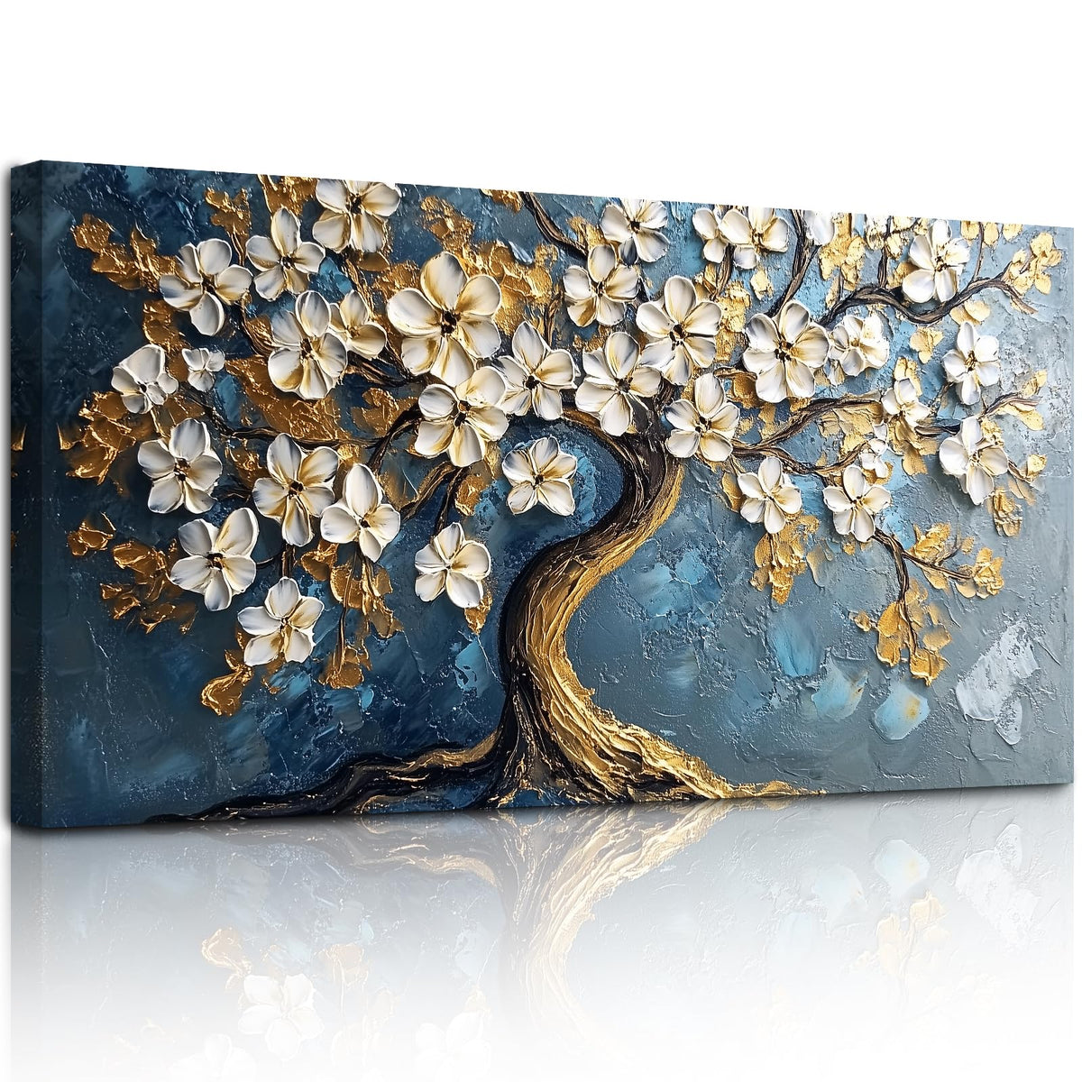 SERIMINO Tree of Life Large Canvas Wall Art, Abstract Gold Tree Modern Office Decorations, Nature White Floral Artwork for Walls, Navy Blue Pictures Wall Decor Living Room Bedroom Art Prints 20"X40"