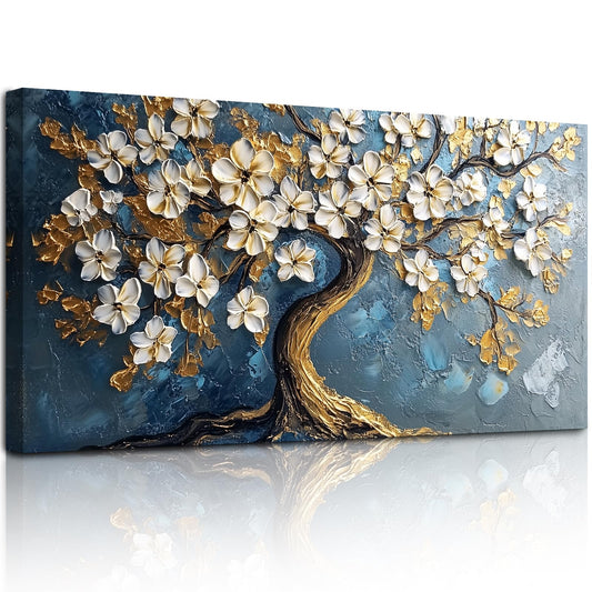 SERIMINO Tree of Life Large Canvas Wall Art, Abstract Gold Tree Modern Office Decorations, Nature White Floral Artwork for Walls, Navy Blue Pictures Wall Decor Living Room Bedroom Art Prints 20"X40"