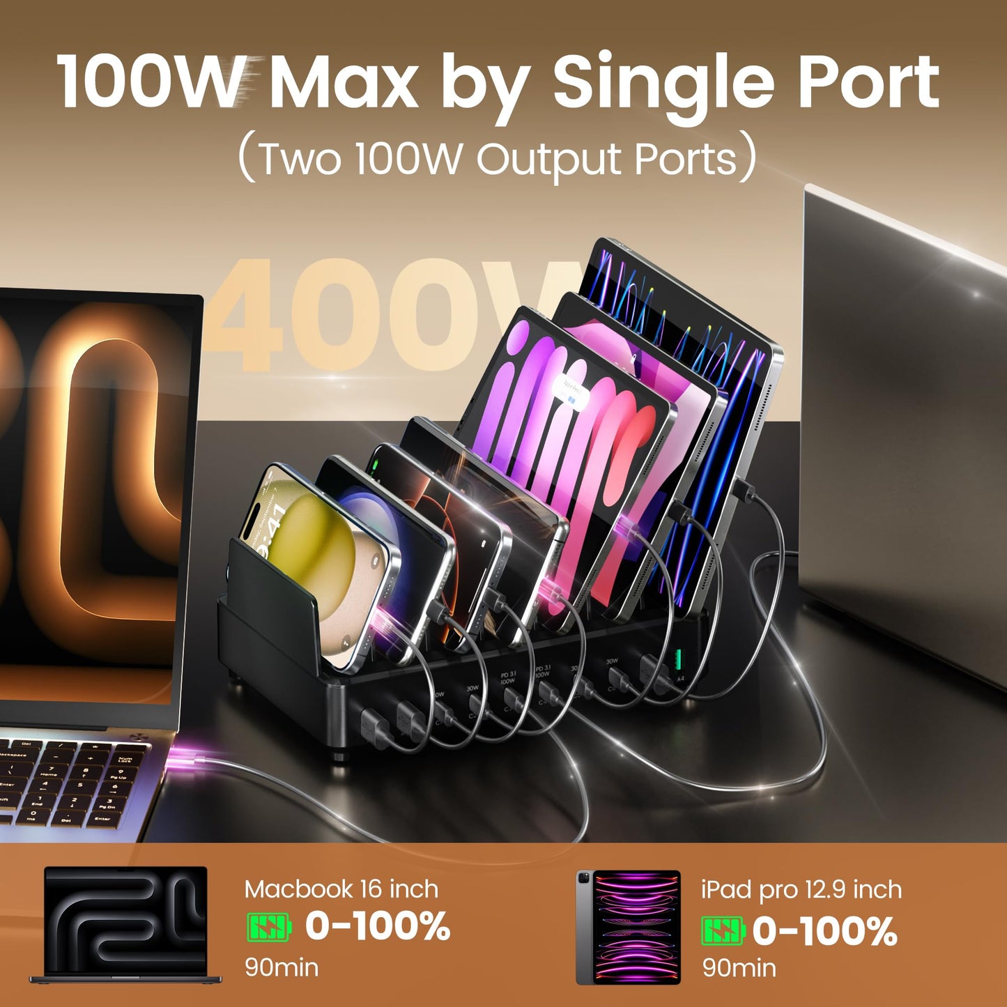 400W Charging Station for Multiple Devices,Dual PD 100W Multi USB C Charging Station with 8 Cable,10 Port Charger Station for MacBook iPhone iPad Laptop Cell Phone Android Tablet-Black